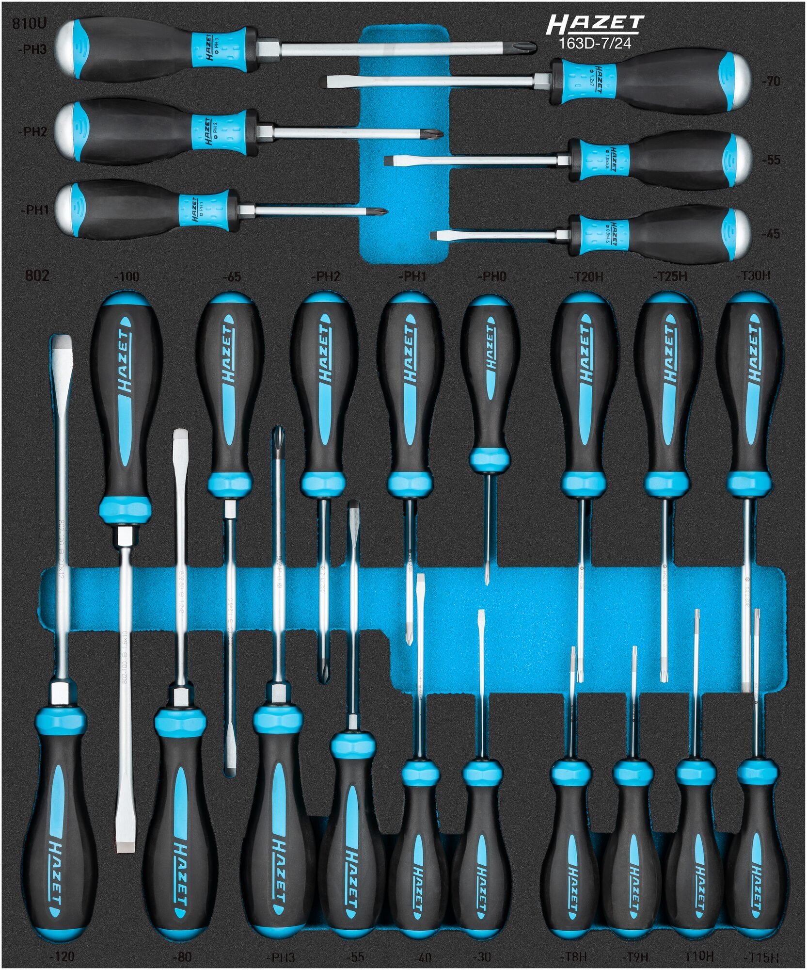 HAZET Schroevendraaierset 163D-7/24 - Kruiskop profiel PH, Pozidriv-profiel PZ, Sleufprofiel, Tamper resistant TORX®-profiel - 24-delig - 0,6 x 3,5 -