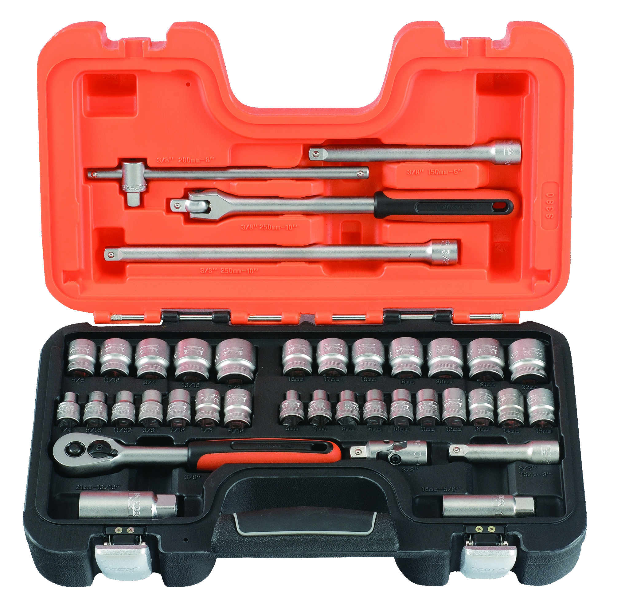 Bahco Doppenset 3 8" | omkeerbare ratel | zeskant | metrisch en inch-maten 38-delig koffer S380