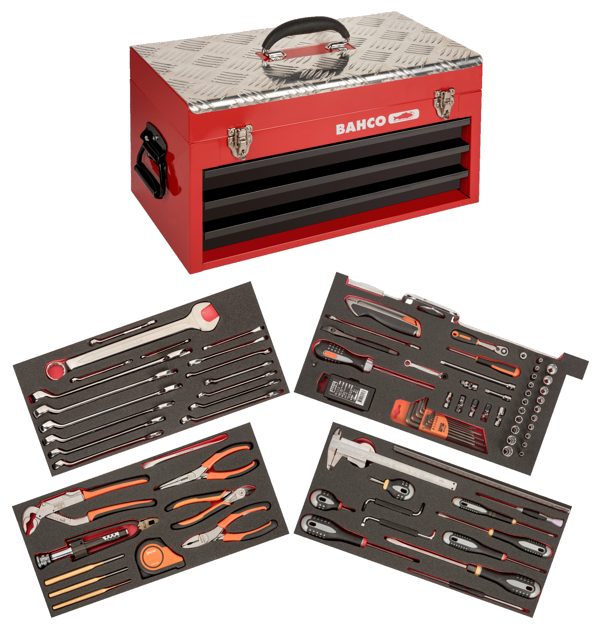 Bahco Metalen gereedschapskist met 3 lades | heavy-duty luchtvaart 124-delig 1483KHD3RB-FF7