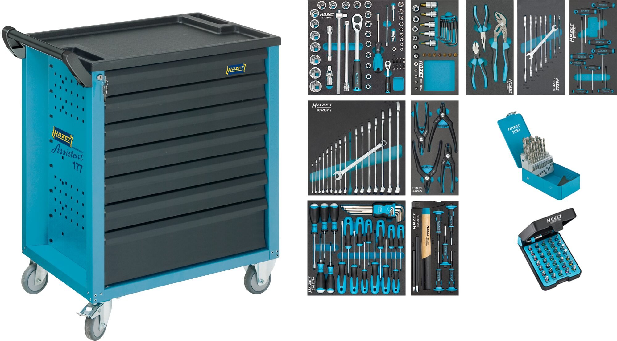 HAZET Gereedschapwagen - Assistent 177 - assortiment 177-7/217 - 217-delig - Laden, ondiep: 6× 79 x 527 x 348 mm - Laden, diep: 1× 164 x 527 x 348 mm