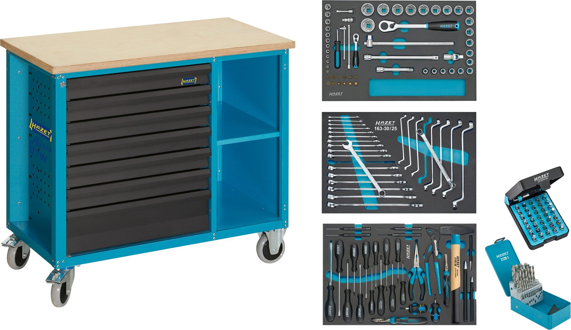 HAZET Werkbank - rijdend - Assistent 177W - assortiment 177W-7/169 - 169-delig - Laden, ondiep: 6 x 79 x 527 x 348 mm - Laden, diep: 1 x 164 x 527 x