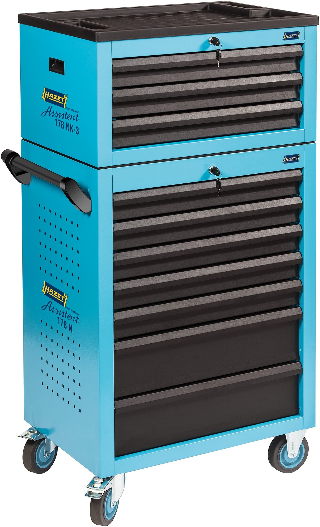 HAZET Gereedschapwagen Assistent 178N-10 - L x B x H: 781 mm x 498 mm x 1410 mm - Laden, ondiep: 8× 80 x 527 x 348 mm - Laden, diep: 2× 165 x 527 x