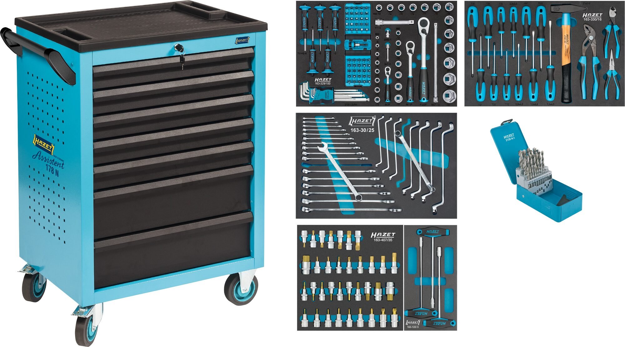HAZET Gereedschapwagen - Assistent 178N - assortiment 178N-7/204 - 204-delig - Laden, ondiep: 5× 80 x 527 x 348 mm - Laden, diep: 2× 165 x 527 x 348