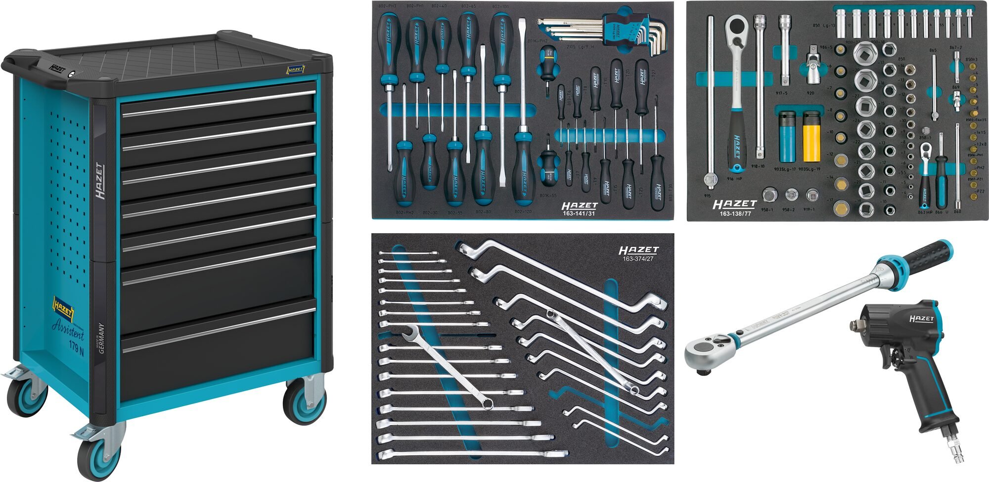 HAZET Gereedschapwagen - Assistent 179N - assortiment 179N-7/137 - 137-delig - Laden, ondiep: 5× 81 x 522 x 398 mm - Laden, diep: 2× 166 x 522 x 398