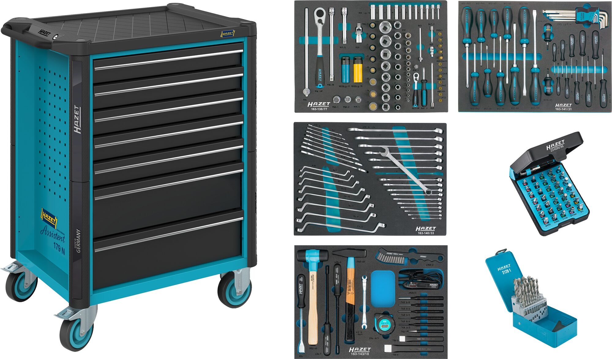 HAZET Gereedschapwagen - Assistent 179N - assortiment 179N-7/220 - 220-delig - Laden, ondiep: 5× 81 x 522 x 398 mm - Laden, diep: 2× 166 x 522 x 398