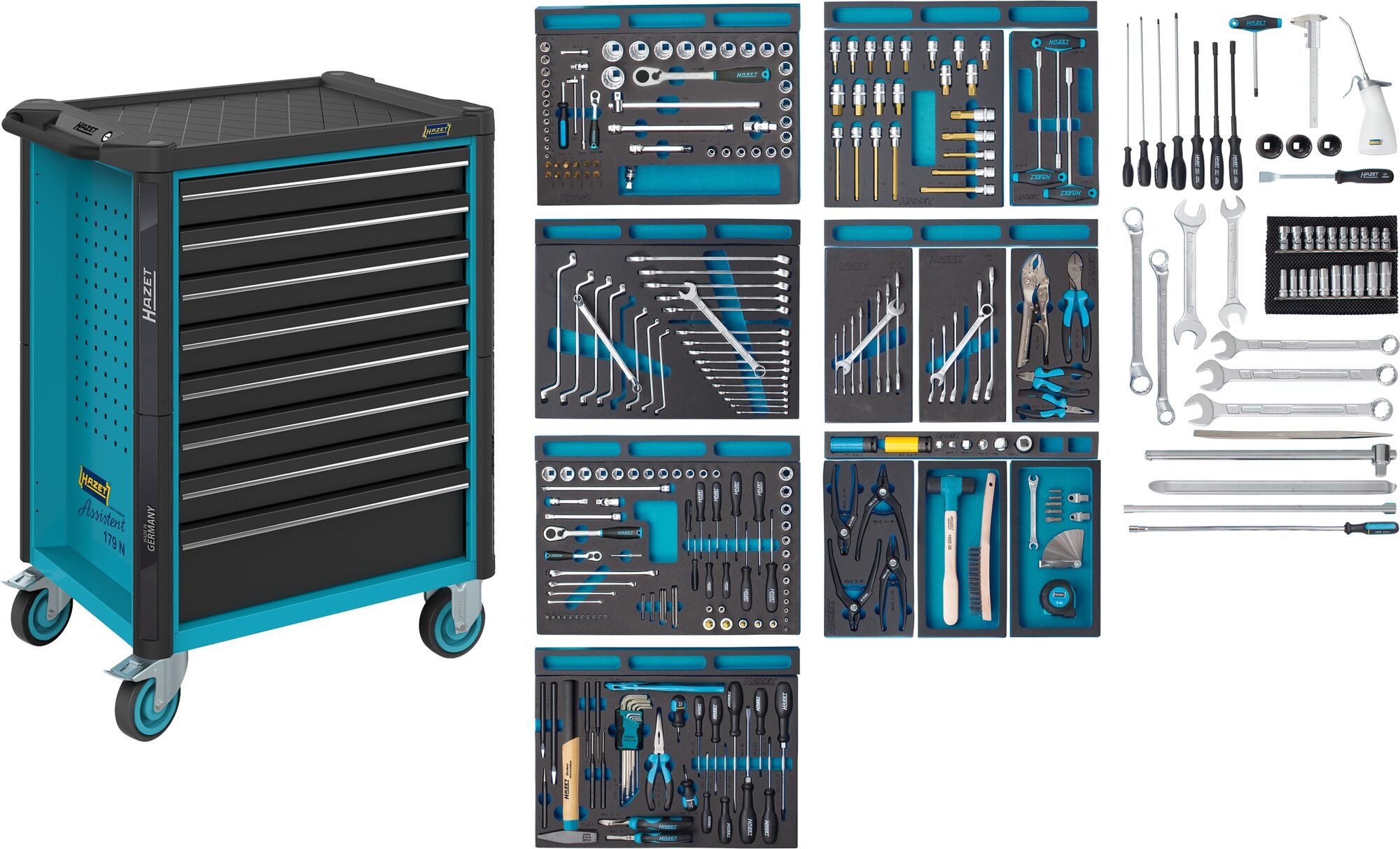 HAZET Gereedschapwagen - Assistent 179N - assortiment 179N-8-2700/296 - 296-delig - Laden, ondiep: 7× 81 x 522 x 398 mm - Laden, diep: 1× 166 x 522 x