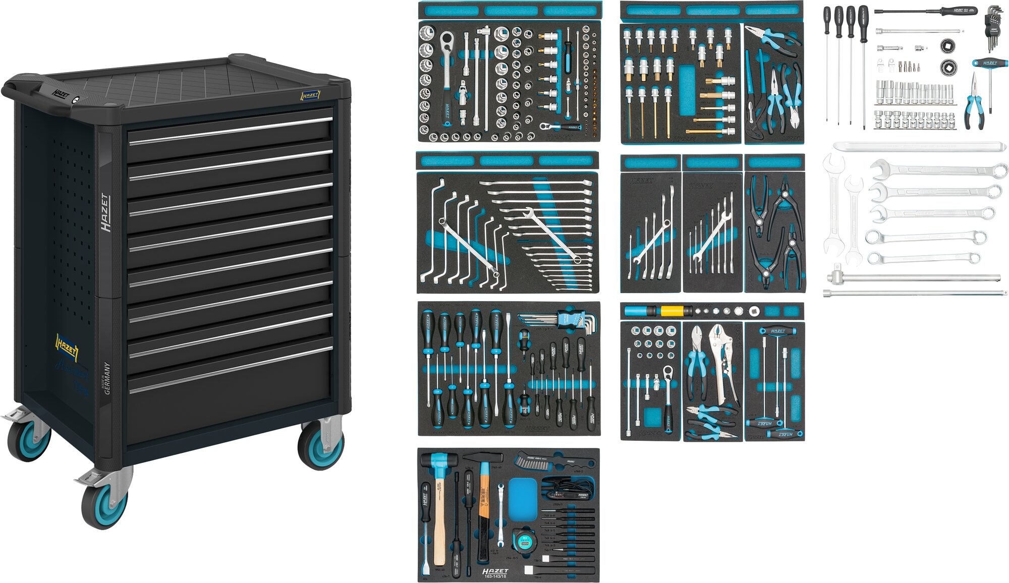 HAZET Gereedschapwagen - Assistent 179N - assortiment 179N-8-RAL7021/300 - 300-delig - Laden, ondiep: 7× 81 x 522 x 398 mm - Laden, diep: 1× 166 x 522