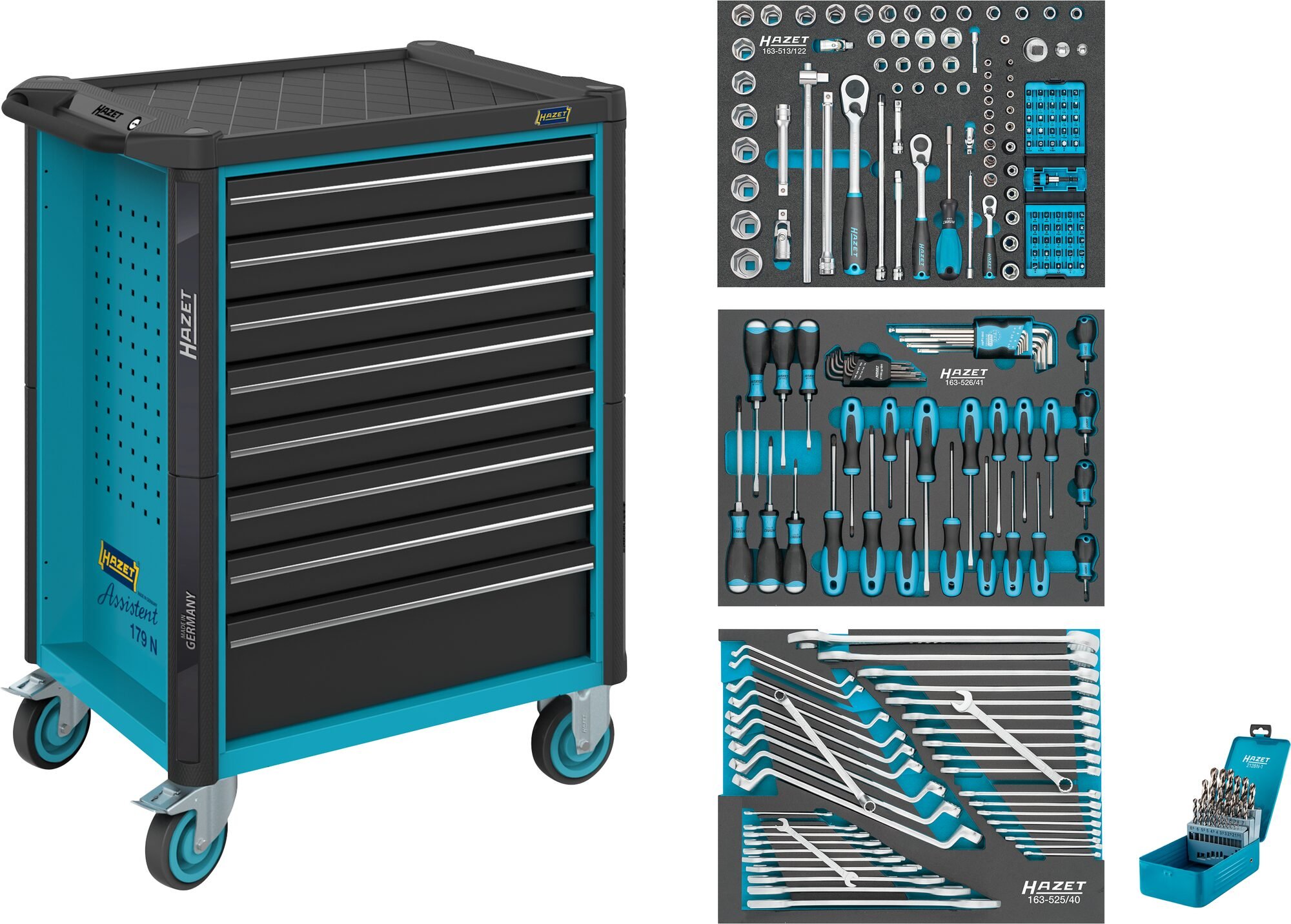 HAZET Gereedschapwagen - Assistent 179N - assortiment 179N-8/228 - 228-delig - Laden, ondiep: 7× 81 x 522 x 398 mm - Laden, diep: 1× 166 x 522 x 398