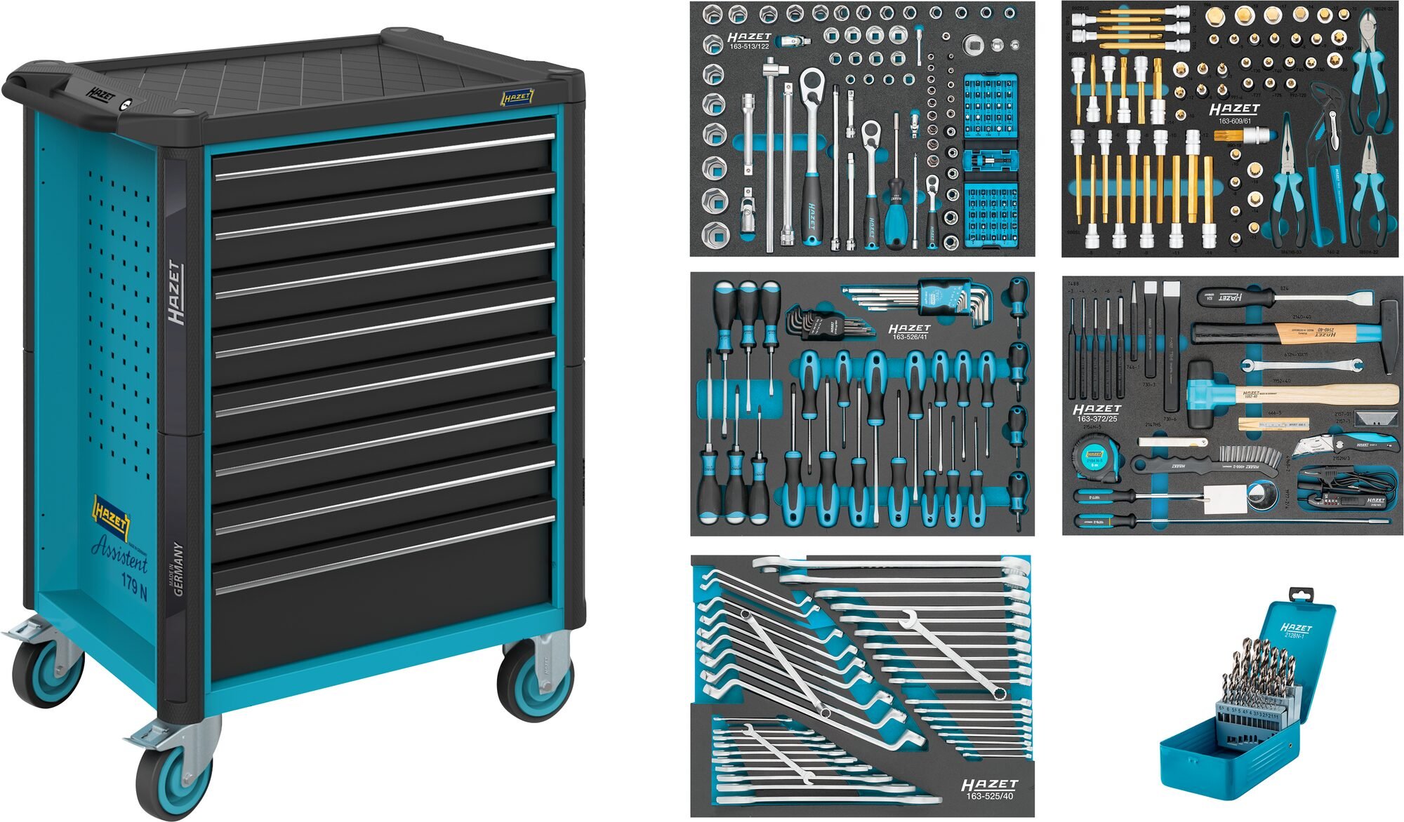 HAZET Gereedschapwagen - Assistent 179N - assortiment 179N-8/314 - 314-delig - Laden, ondiep: 7× 81 x 522 x 398 mm - Laden, diep: 1× 166 x 522 x 398