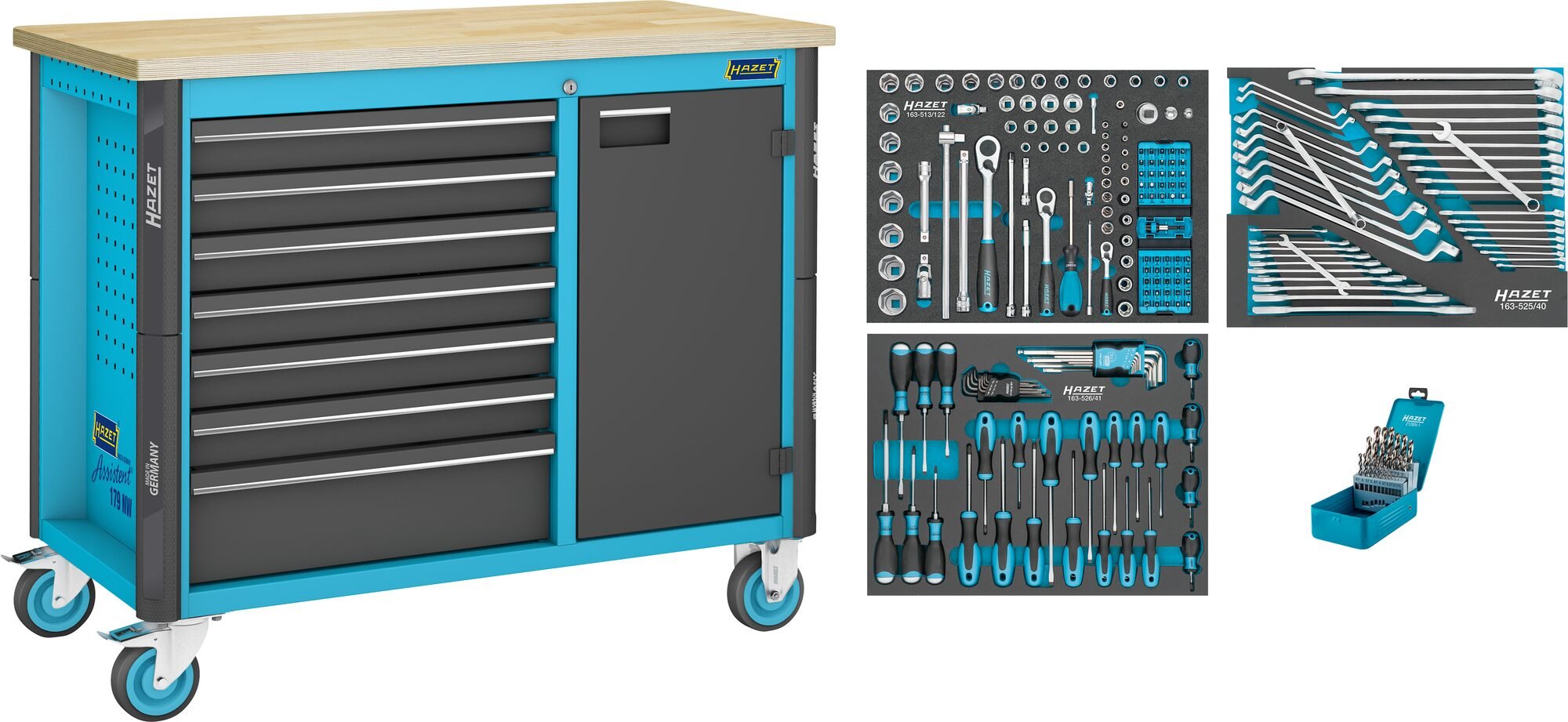 HAZET Werkbank - rijdend - Assistent 179NW - assortiment 179NW-7/228 - 228-delig - Laden, ondiep: 6 x 81 x 522 x 398 mm - Laden, diep: 1 x 166 x 522 x