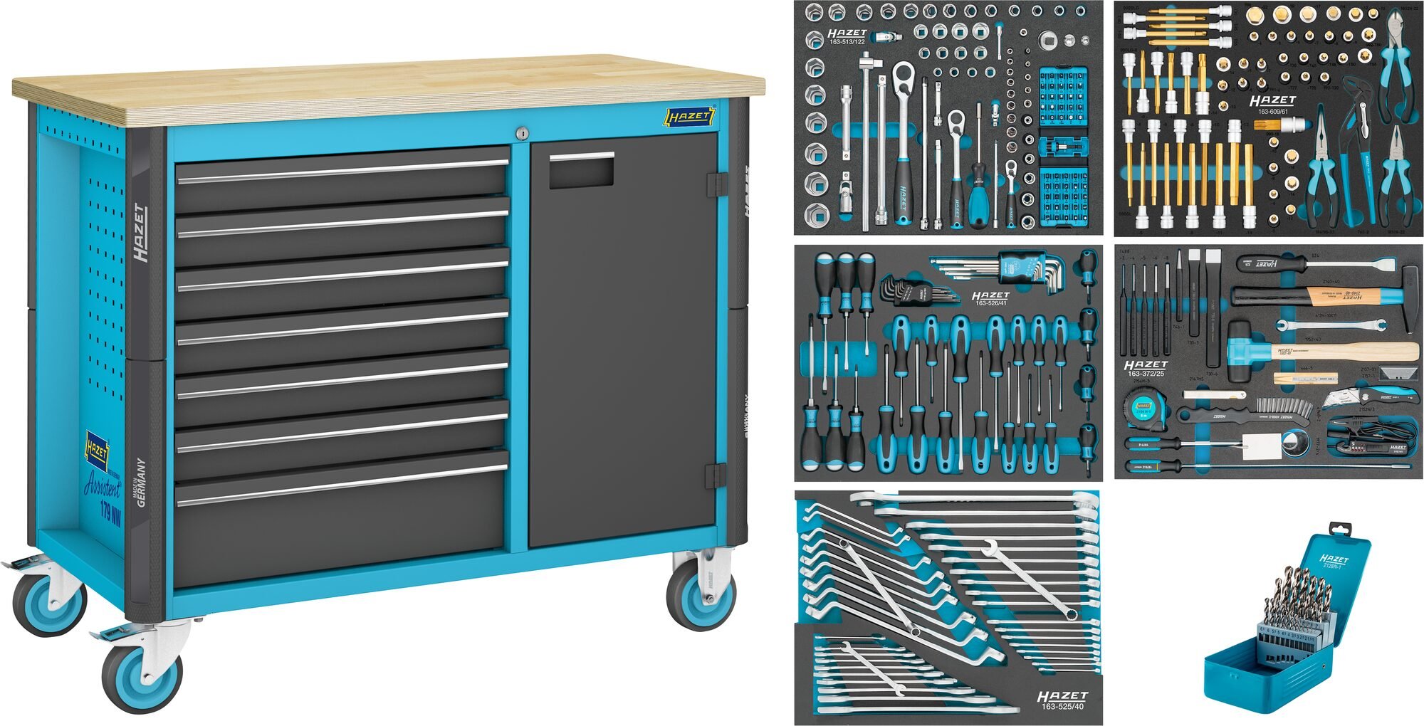 HAZET Werkbank - rijdend - Assistent 179NW - assortiment 179NW-7/314 - 314-delig - Laden, ondiep: 6 x 81 x 522 x 398 mm - Laden, diep: 1 x 166 x 522 x