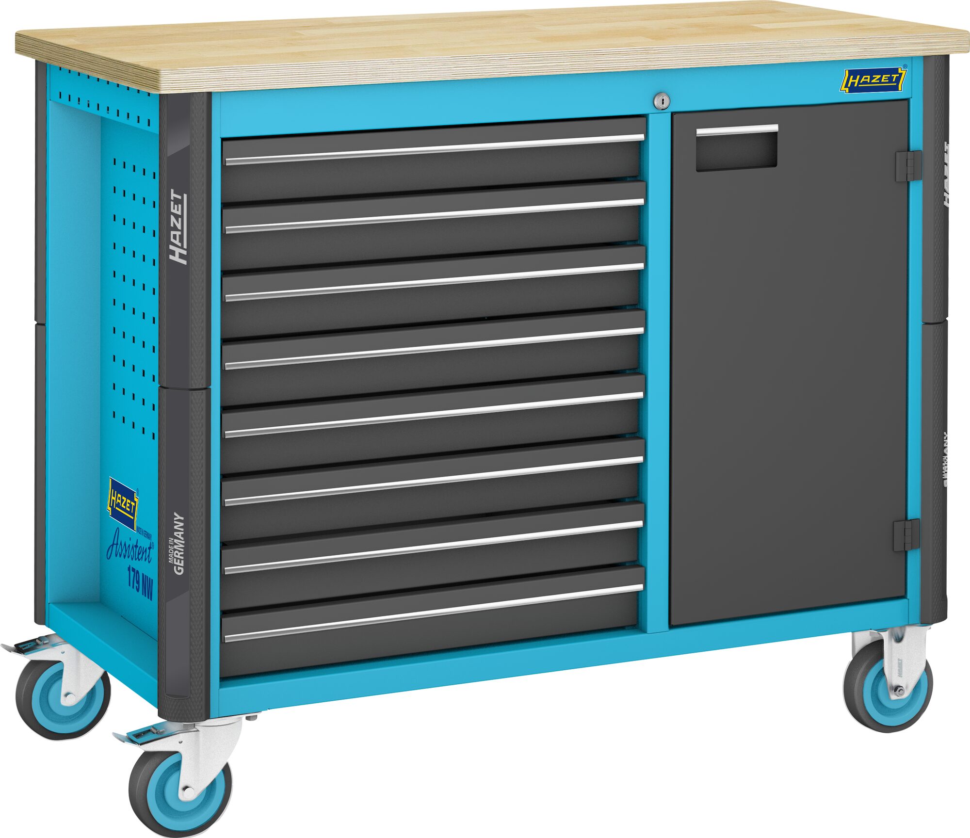 HAZET Werkbank - rijdend - Assistent 179NW - enkel 179NW-8 - L x B x H: 1150 mm x 600 mm x 964 mm - Laden, ondiep: 8 x 81 x 522 x 398 mm