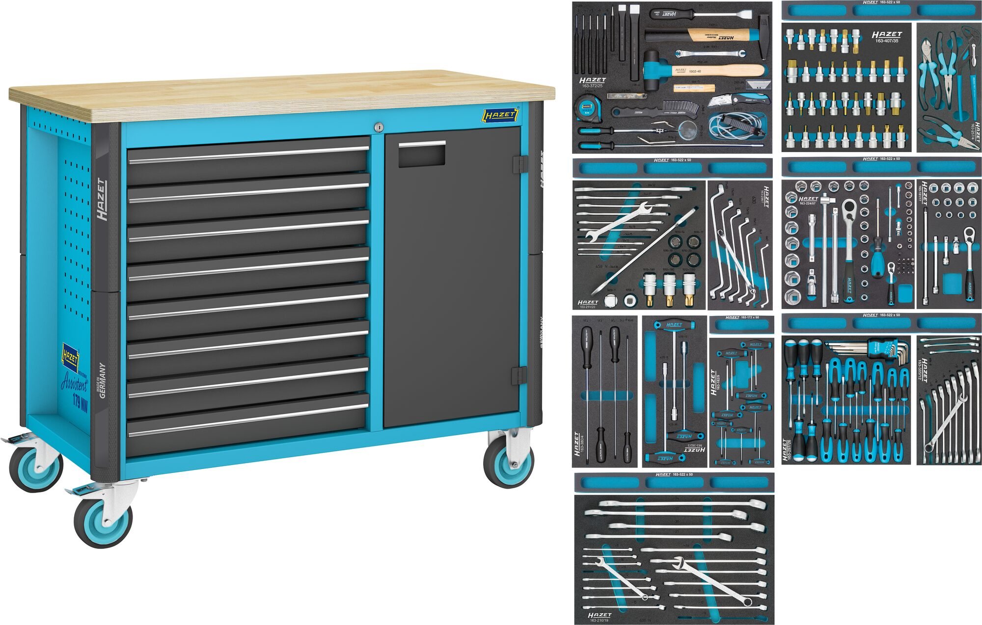 HAZET Werkbank - rijdend - Assistent 179NW - assortiment 179NW-8/244 - 244-delig - Laden, ondiep: 8 x 81 x 522 x 398 mm