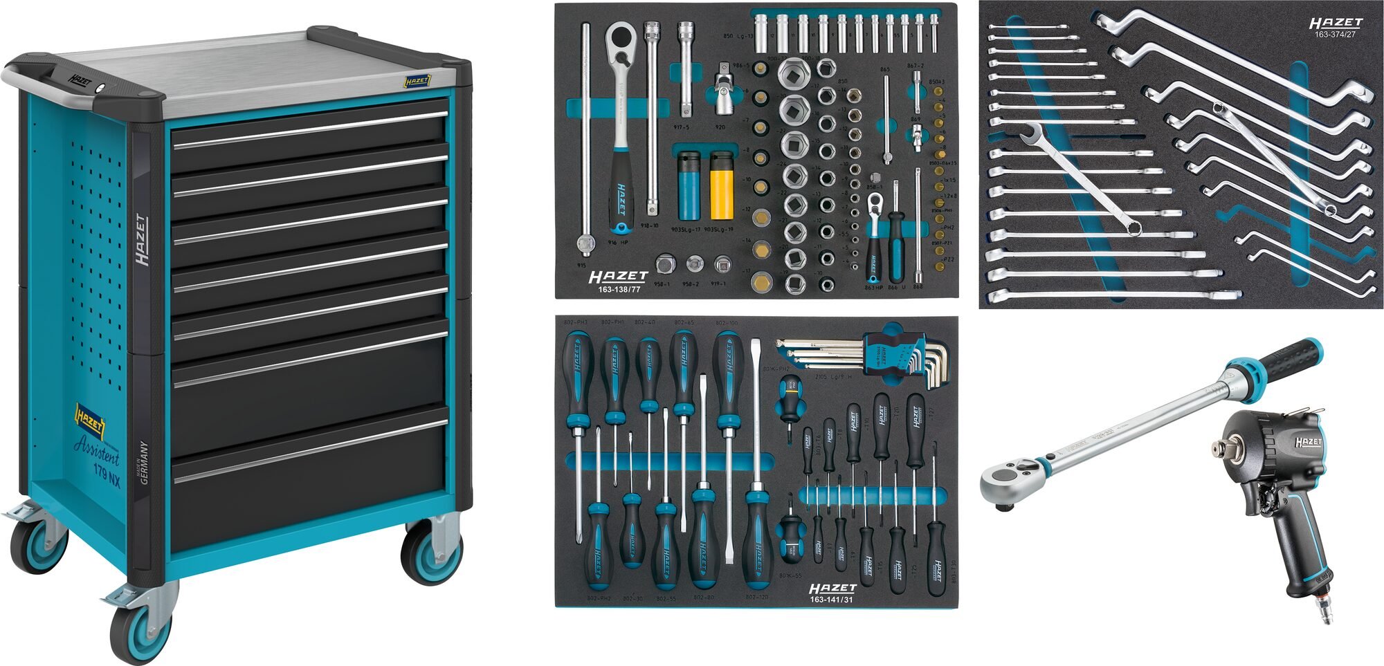 HAZET Gereedschapwagen - Assistent 179NX - assortiment 179NX-7/137 - 137-delig - Laden, ondiep: 5× 81 x 522 x 398 mm - Laden, diep: 2× 166 x 522 x 398