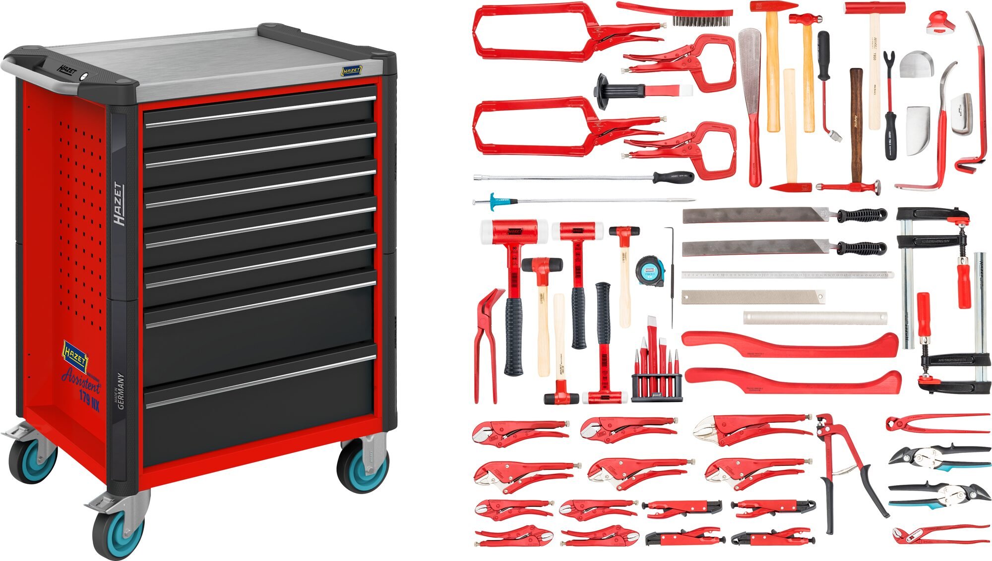 HAZET Gereedschapwagen - Assistent 179NX - assortiment 179NX-7/65ALU - 65-delig - Laden, ondiep: 5× 81 x 522 x 398 mm - Laden, diep: 2× 166 x 522 x