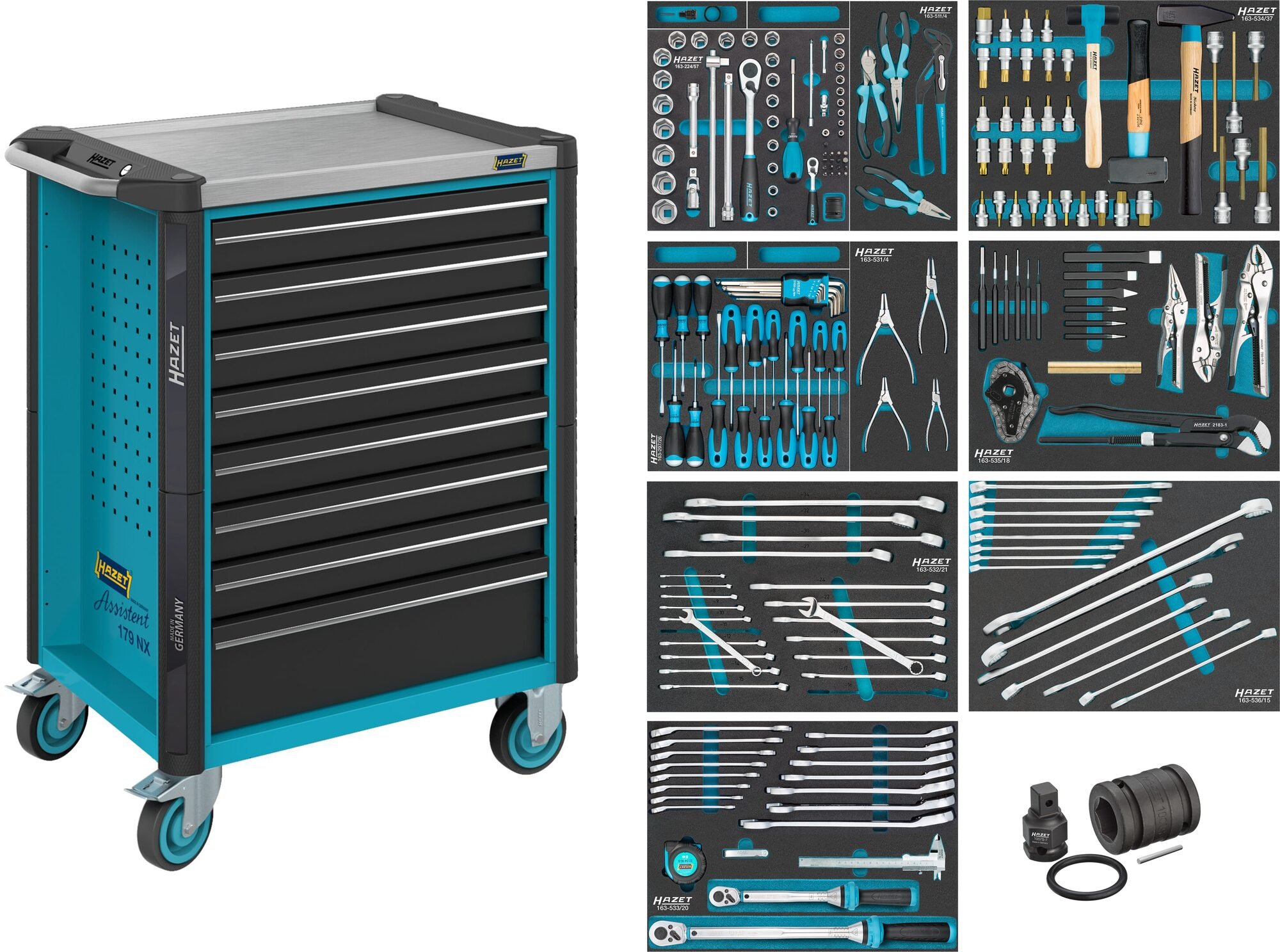 HAZET Gereedschapwagen - Assistent 179NX - assortiment 179NX-8/206 - 206-delig - Laden, ondiep: 7× 81 x 522 x 398 mm - Laden, diep: 1× 166 x 522 x 398