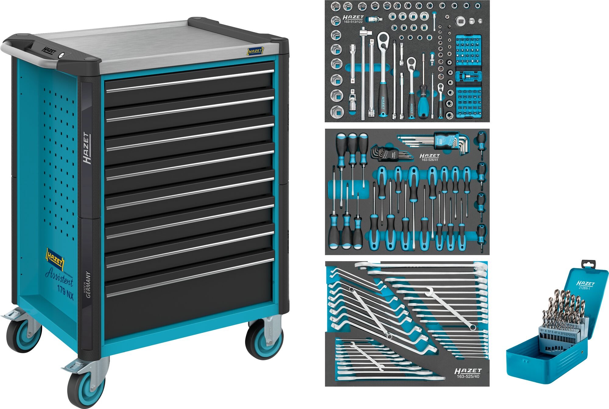 HAZET Gereedschapwagen - Assistent 179NX - assortiment 179NX-8/228 - 228-delig - Laden, ondiep: 7× 81 x 522 x 398 mm - Laden, diep: 1× 166 x 522 x 398