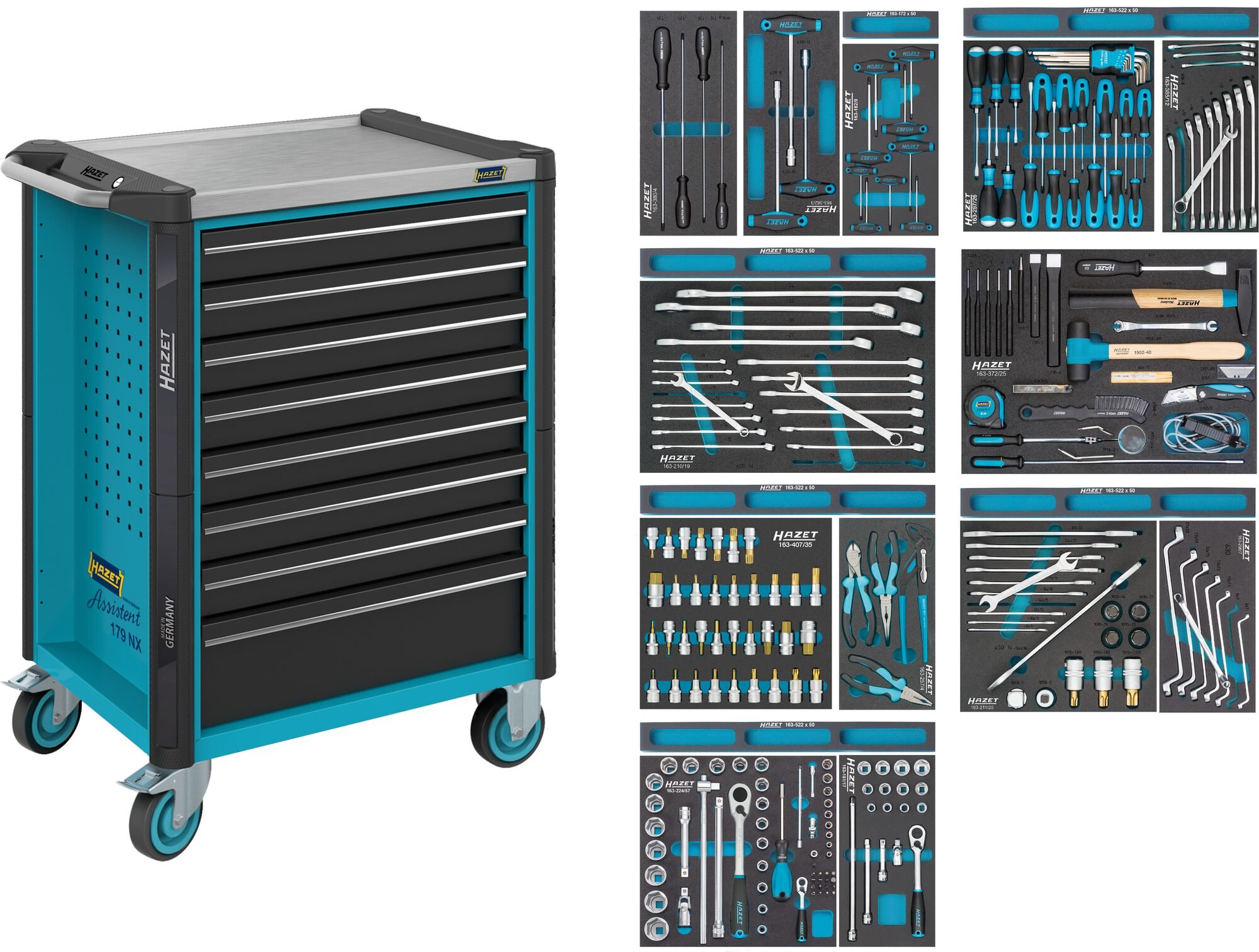 HAZET Gereedschapwagen - Assistent 179NX - assortiment 179NX-8/244 - 244-delig - Laden, ondiep: 7× 81 x 522 x 398 mm - Laden, diep: 1× 166 x 522 x 398