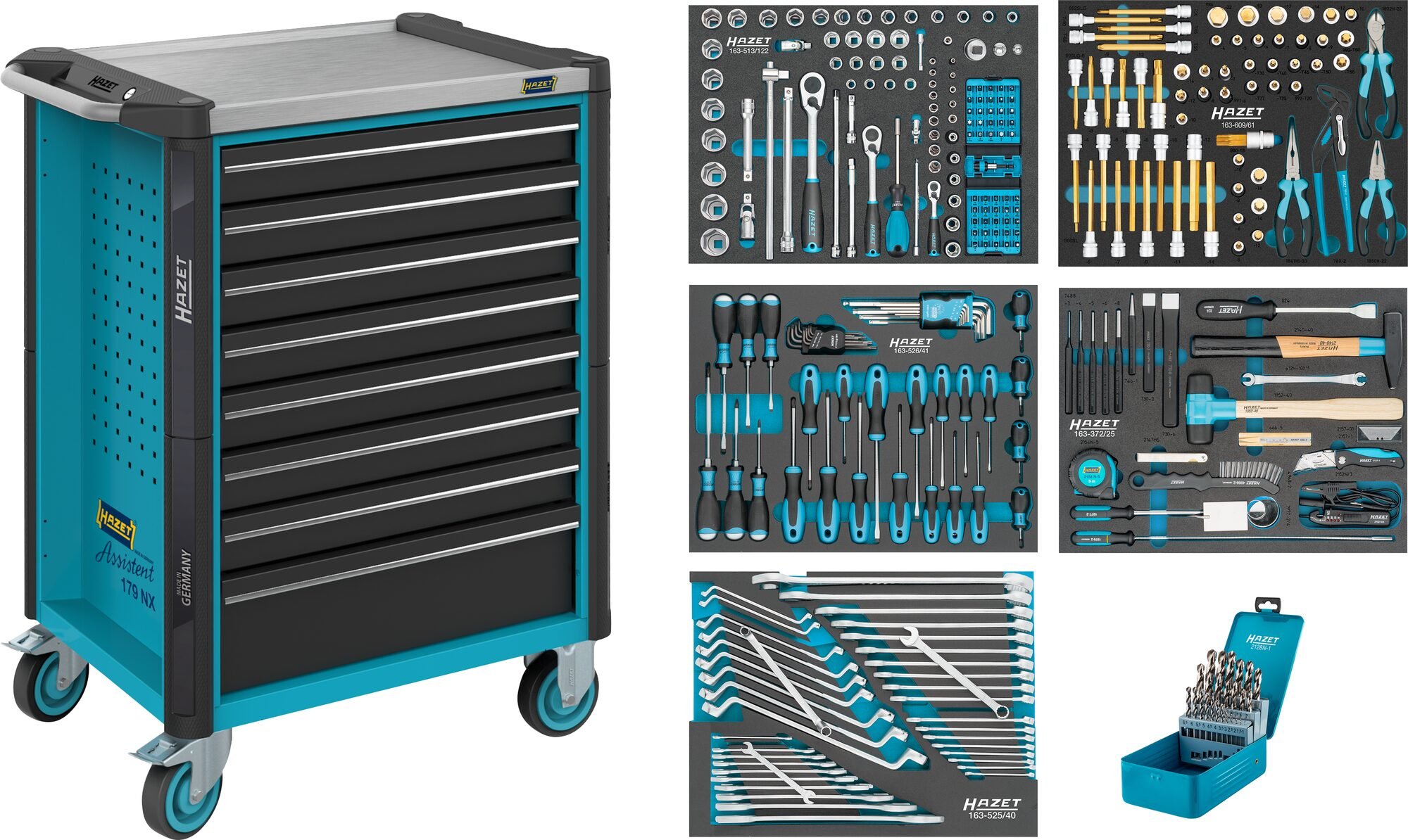 HAZET Gereedschapwagen - Assistent 179NX - assortiment 179NX-8/314 - 314-delig - Laden, ondiep: 7× 81 x 522 x 398 mm - Laden, diep: 1× 166 x 522 x 398