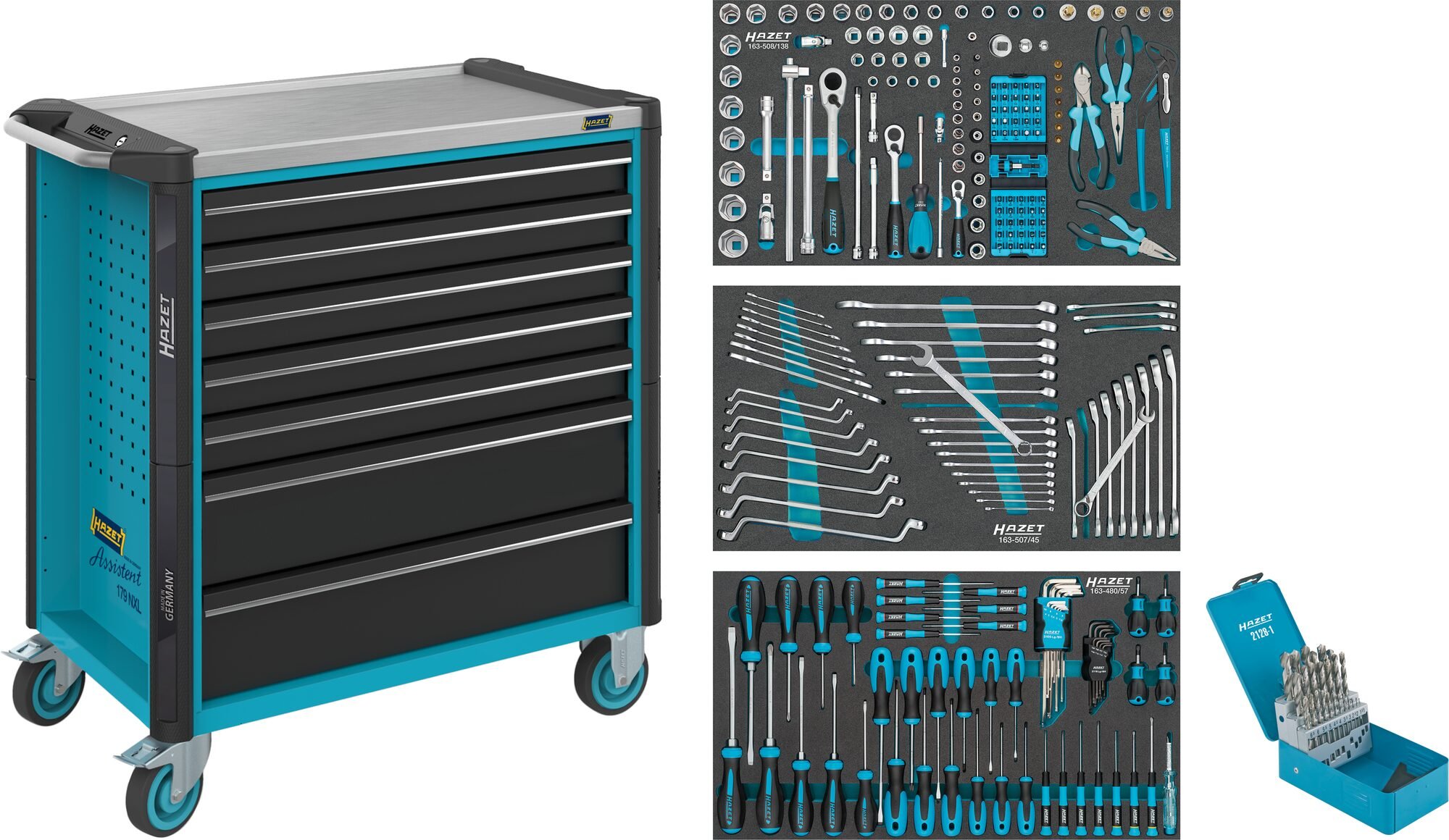 HAZET Gereedschapwagen - Assistent 179NXL - assortiment 179NXL-7/265 - 265-delig - Laden, ondiep: 5× 81 x 696 x 398 mm - Laden, diep: 2× 166 x 696 x