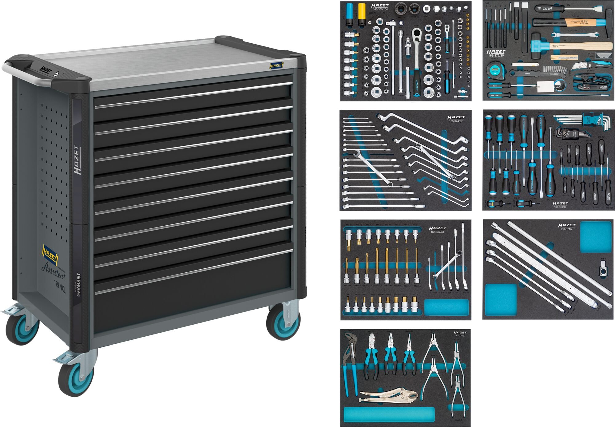 HAZET Gereedschapwagen - Assistent 179NXL - assortiment 179NXL-8-VW/243 - 243-delig - Laden, ondiep: 7× 81 x 696 x 398 mm - Laden, diep: 1× 166 x 696