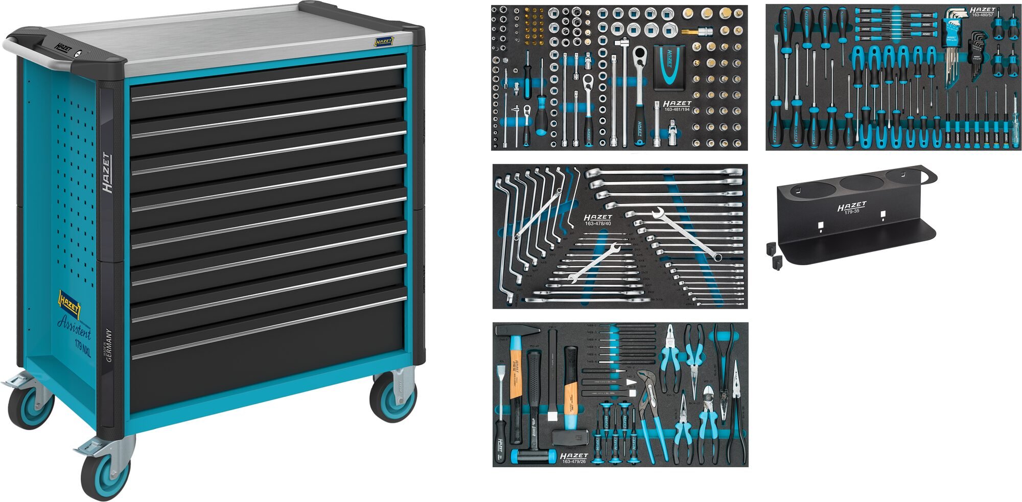 HAZET Gereedschapwagen - Assistent 179NXL - assortiment 179NXL-8/317 - 317-delig - Laden, ondiep: 7× 81 x 696 x 398 mm - Laden, diep: 1× 166 x 696 x