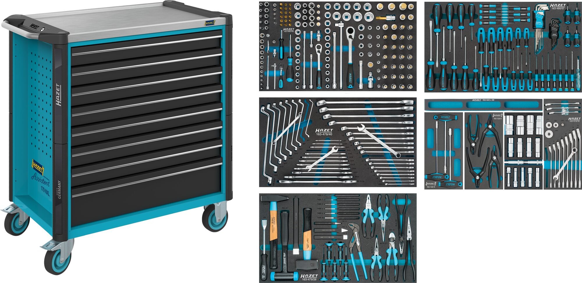HAZET Gereedschapwagen - Assistent 179NXL - assortiment 179NXL-8/321 - 321-delig - Laden, ondiep: 7× 81 x 696 x 398 mm - Laden, diep: 1× 166 x 696 x