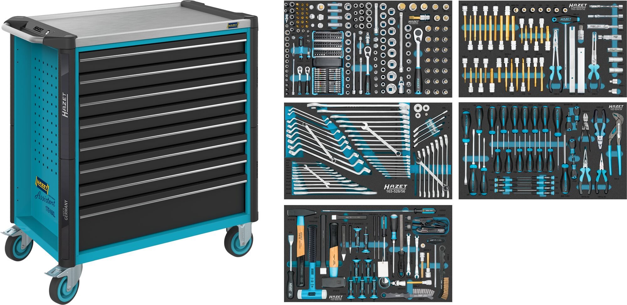 HAZET Gereedschapwagen - Assistent 179NXL - assortiment 179NXL-8/440 - 440-delig - Laden, ondiep: 7× 81 x 696 x 398 mm - Laden, diep: 1× 166 x 696 x