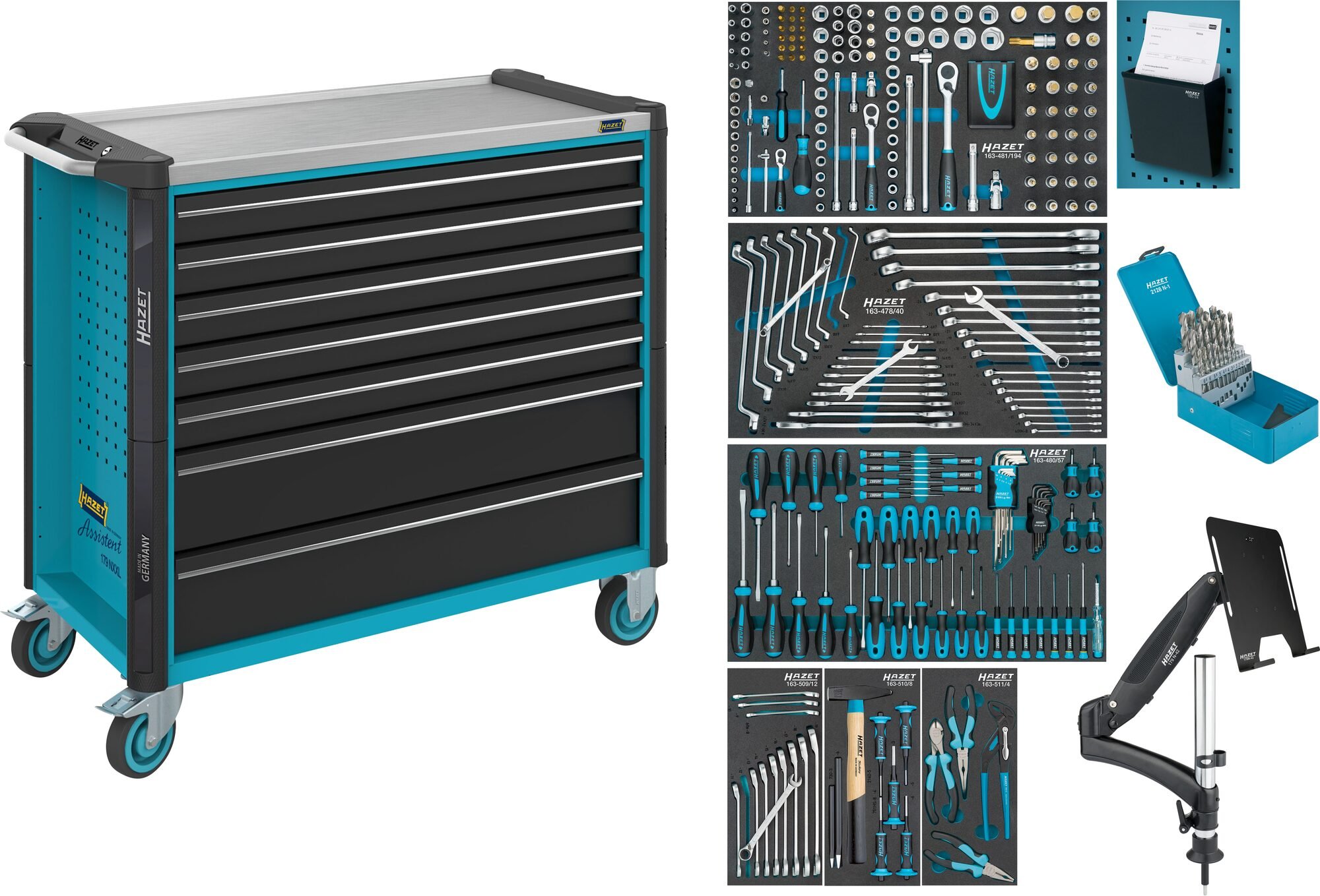 HAZET Gereedschapwagen - Assistent 179NXXL - assortiment 179NXXL-7/342 - 342-delig - Laden, ondiep: 5× 81 x 870 x 398 mm - Laden, diep: 2× 166 x 870 x