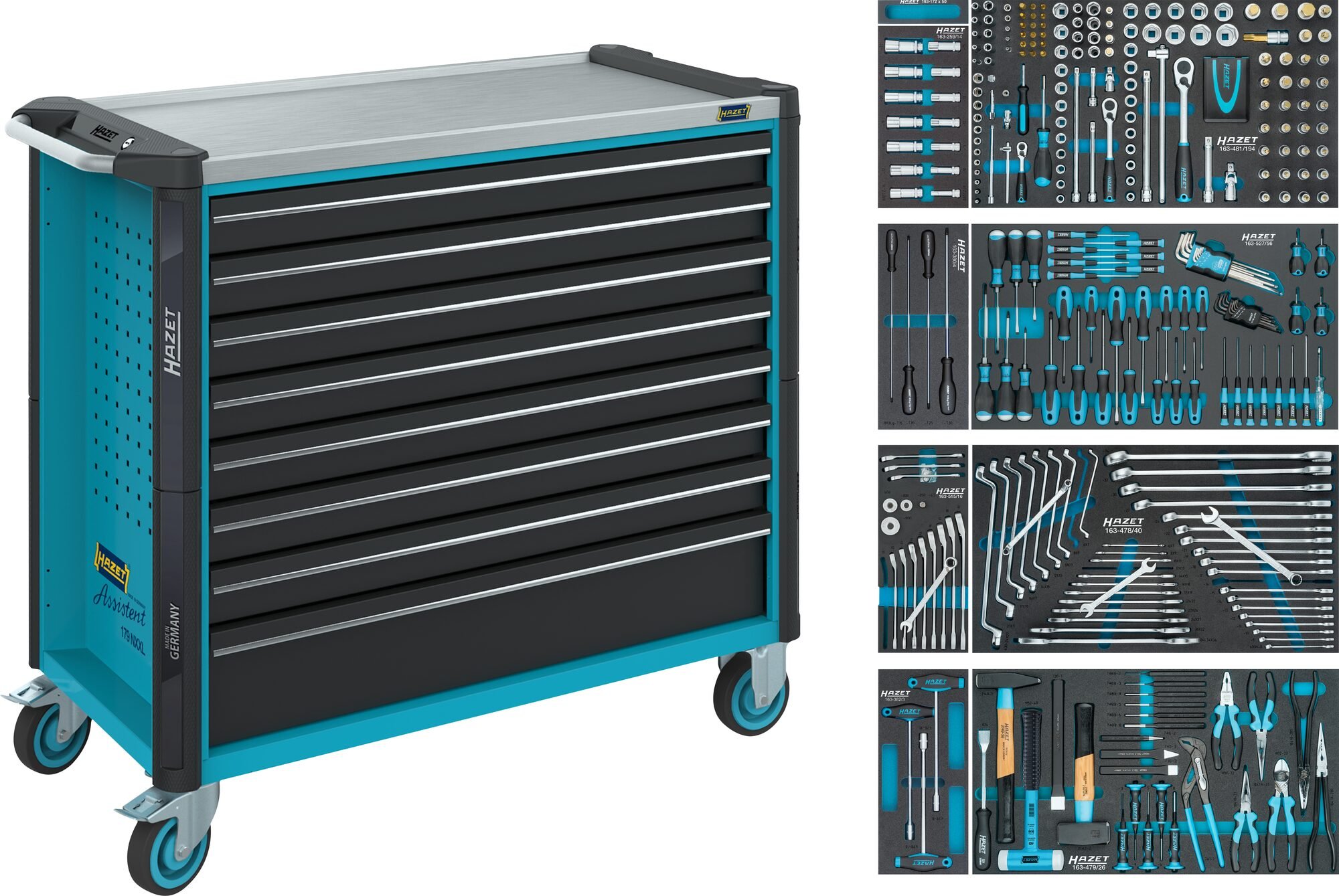 HAZET Gereedschapwagen - Assistent 179NXXL - assortiment 179NXXL-8/378 - 378-delig - Laden, ondiep: 7× 81 x 870 x 398 mm - Laden, diep: 1× 166 x 870 x