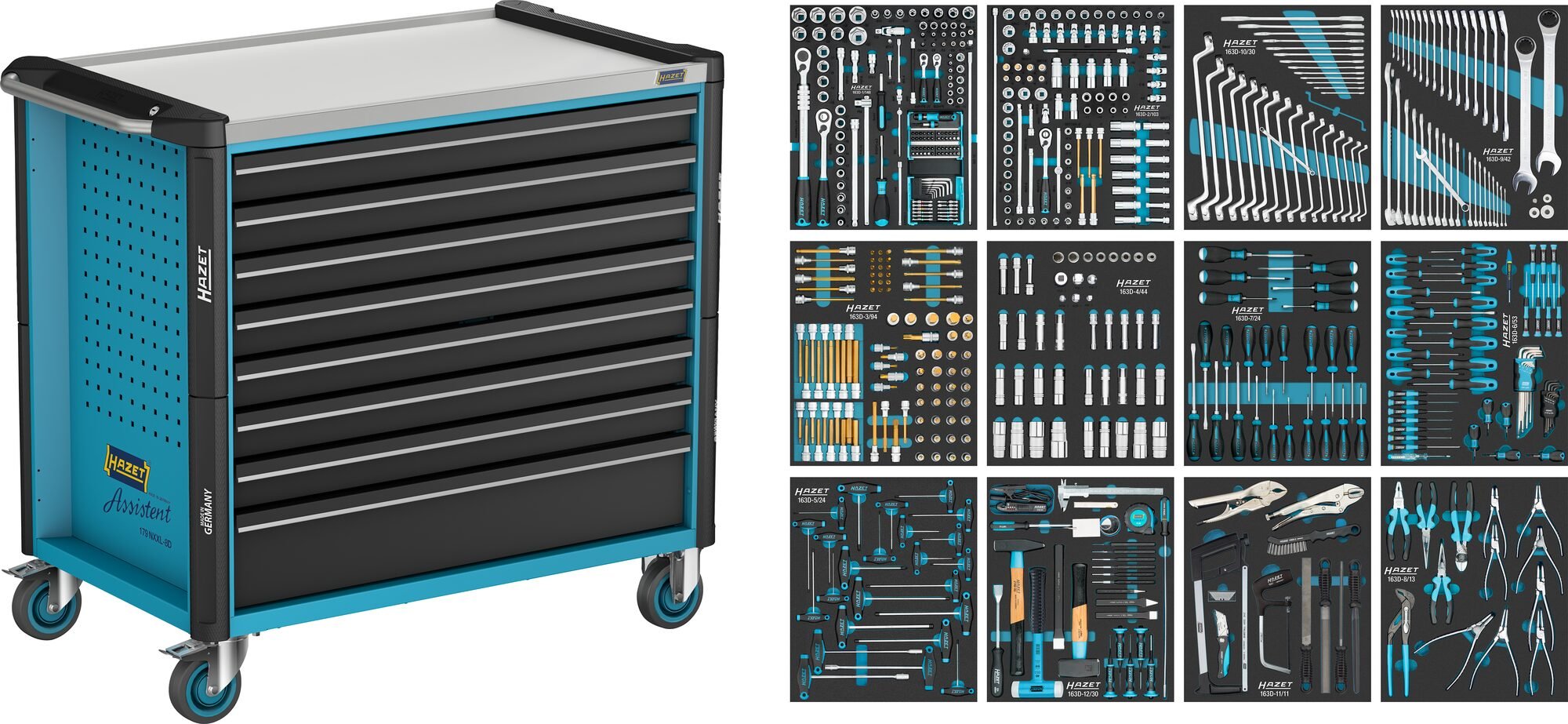 HAZET Gereedschapwagen - Assistent 179NXXLD - assortiment 179NXXL-8D/619 - 619-delig - Laden, ondiep: 7× 81 x 870 x 522 mm - Laden, diep: 1× 166 x 870
