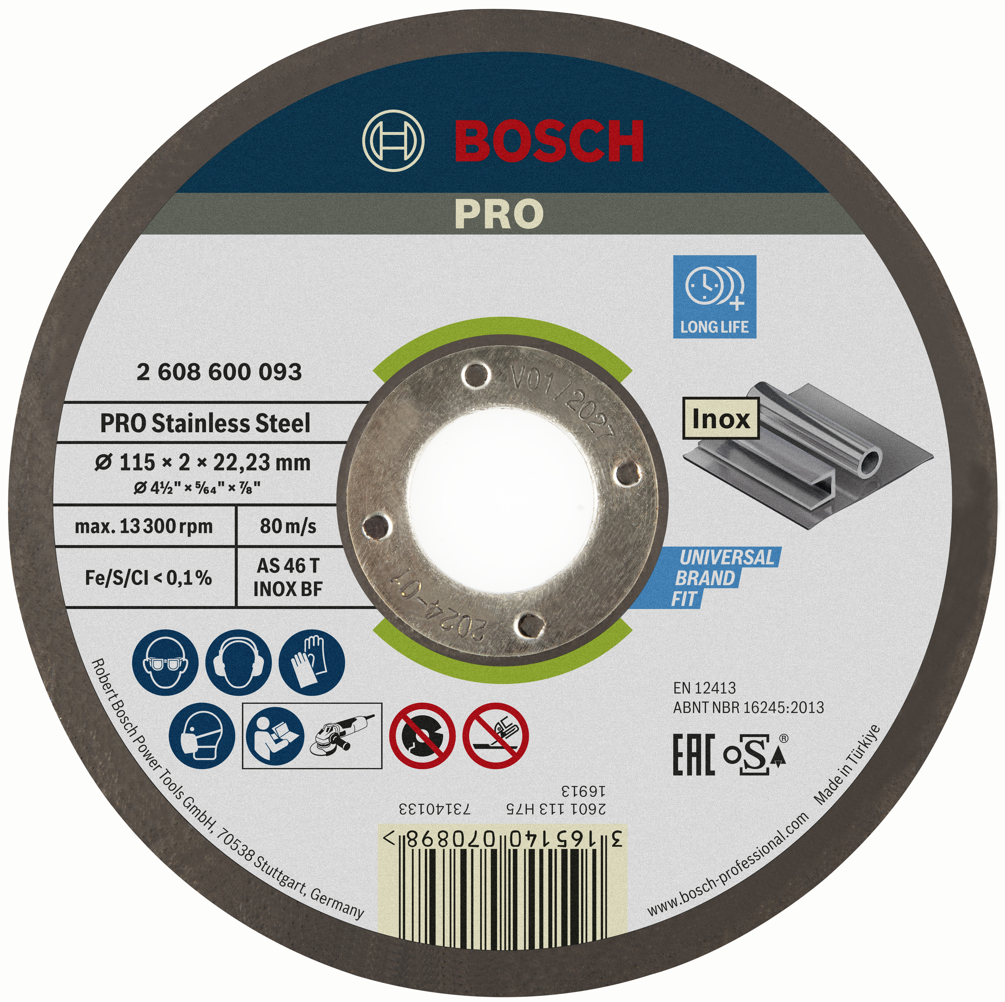 Bosch Accessoires Doorslijpschijf recht Expert for Inox AS 46 T INOX BF, 115 mm, 22,23 mm, 2,0 mm - 1 stuks - 2608600093