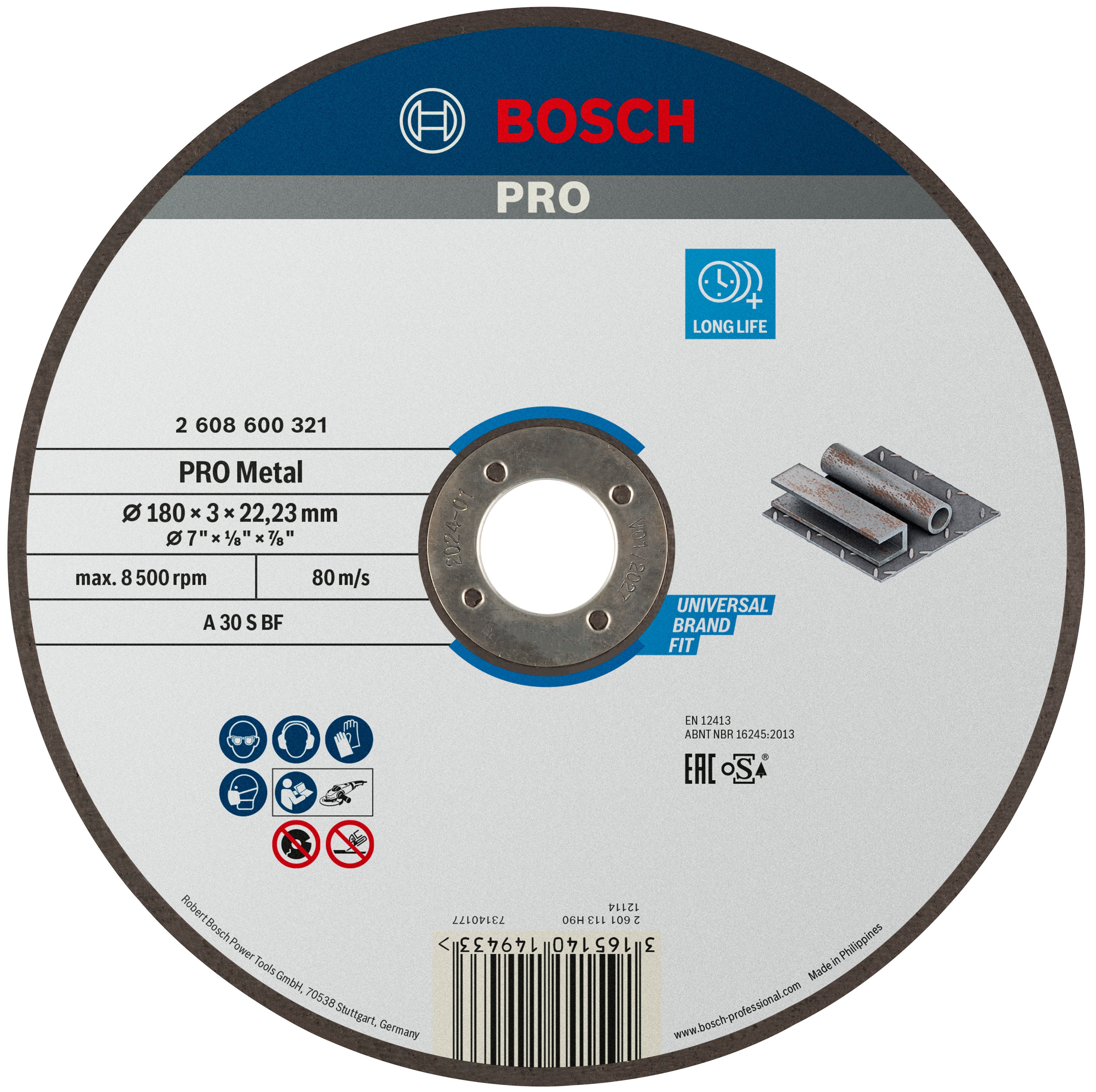 Bosch Accessoires Doorslijpschijf recht Expert for Metal A 30 S BF, 180 mm, 22,23 mm, 3,0 mm - 1 stuks - 2608600321