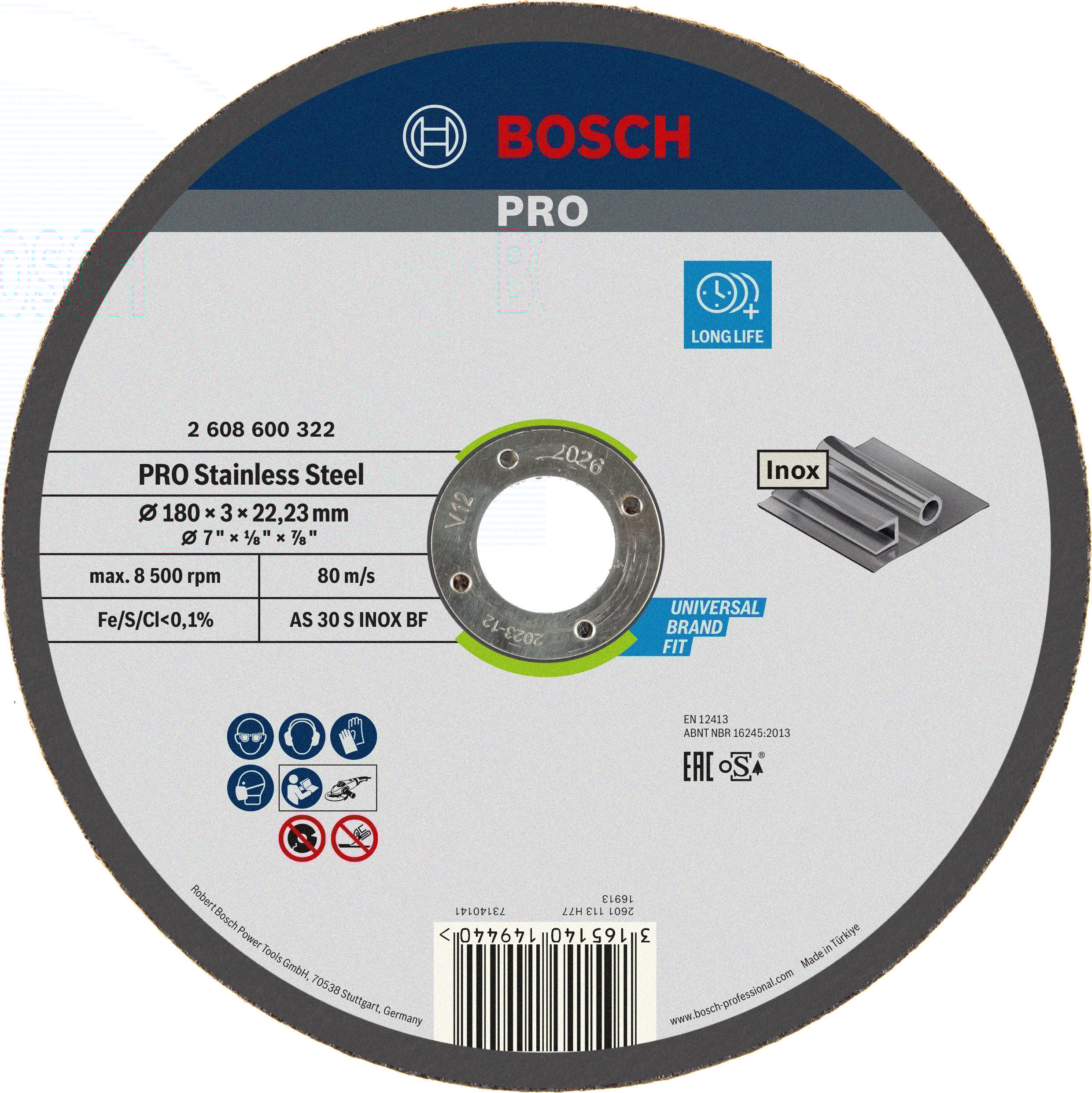 Bosch Accessoires Doorslijpschijf recht Expert for Inox AS 30 S INOX BF, 180 mm, 22,23 mm, 3,0 mm - 1 stuks - 2608600322