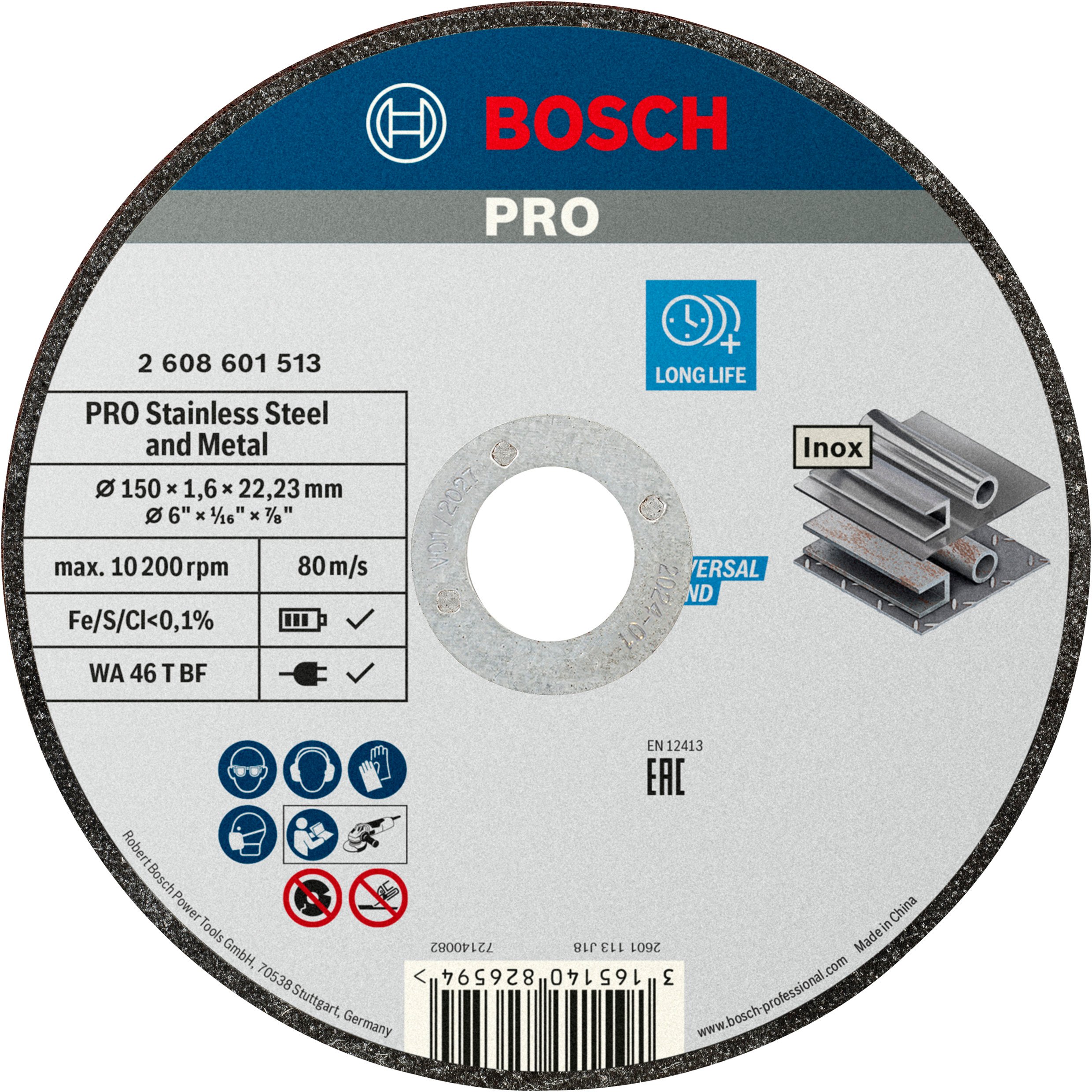 Bosch Accessoires PRO Stainless Steel and Metal Bonded Cutting Disc | 150 x 1.6 x 22.23 mm | Straight - 2608601513
