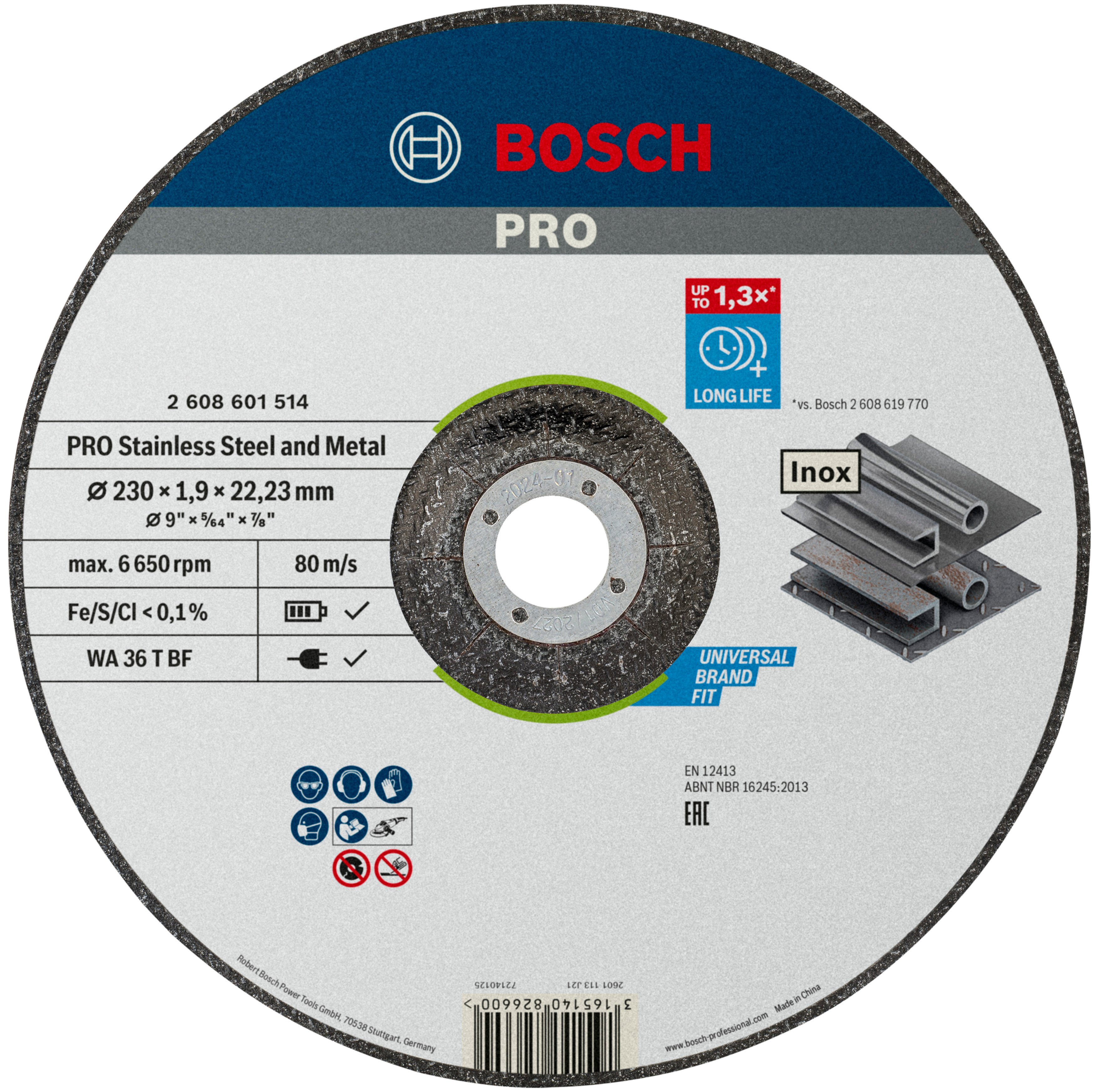 Bosch Accessoires PRO Stainless Steel and Metal Bonded Cutting Disc | 230 x 1.9 x 22.23 mm | With Depressed Centre - 2608601514