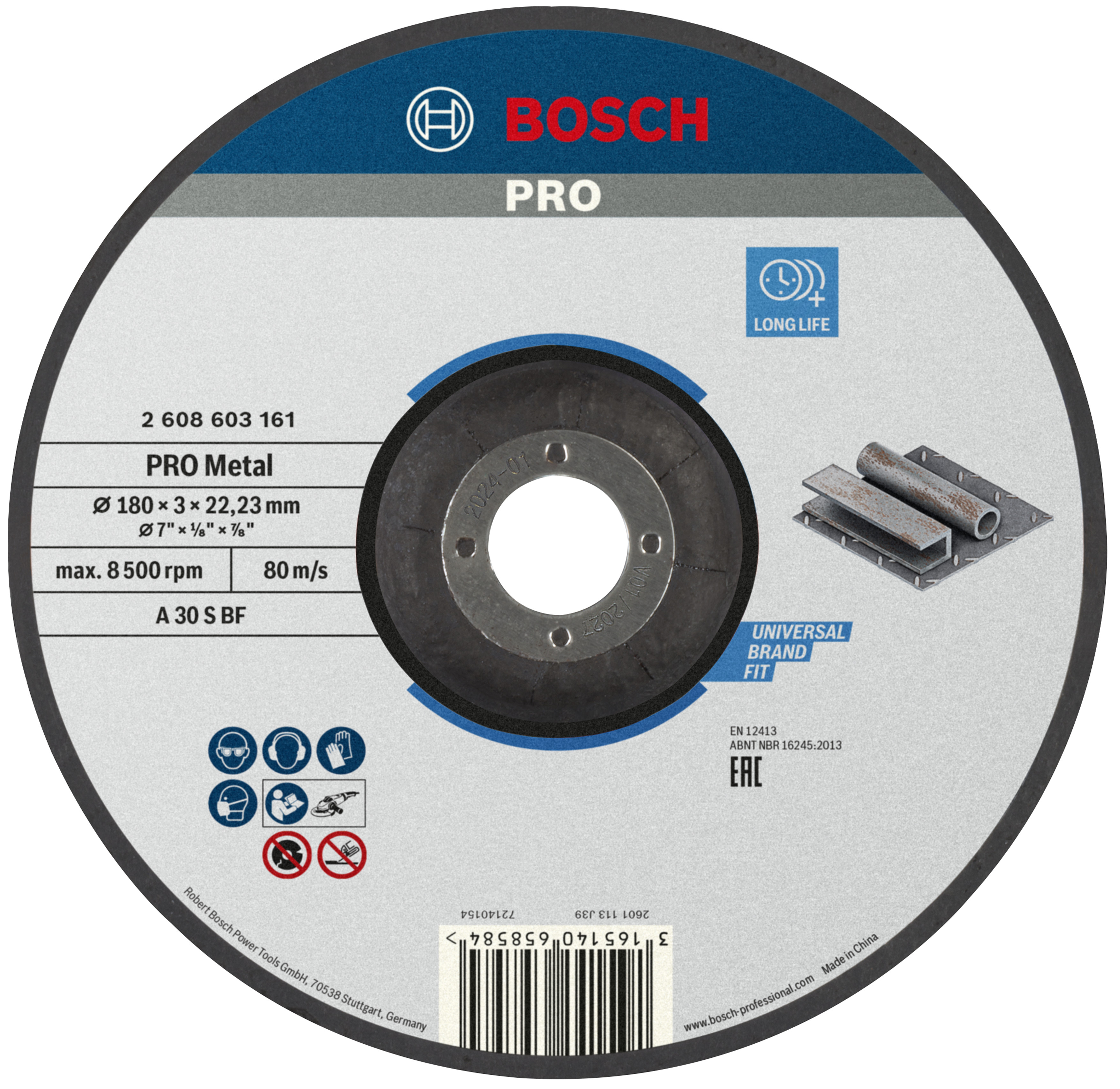Bosch Accessoires Doorslijpschijf gebogen Standard for Metal A 30 S BF, 180 mm, 22,23 mm, 3,0 mm 1 stuks - 2608603161