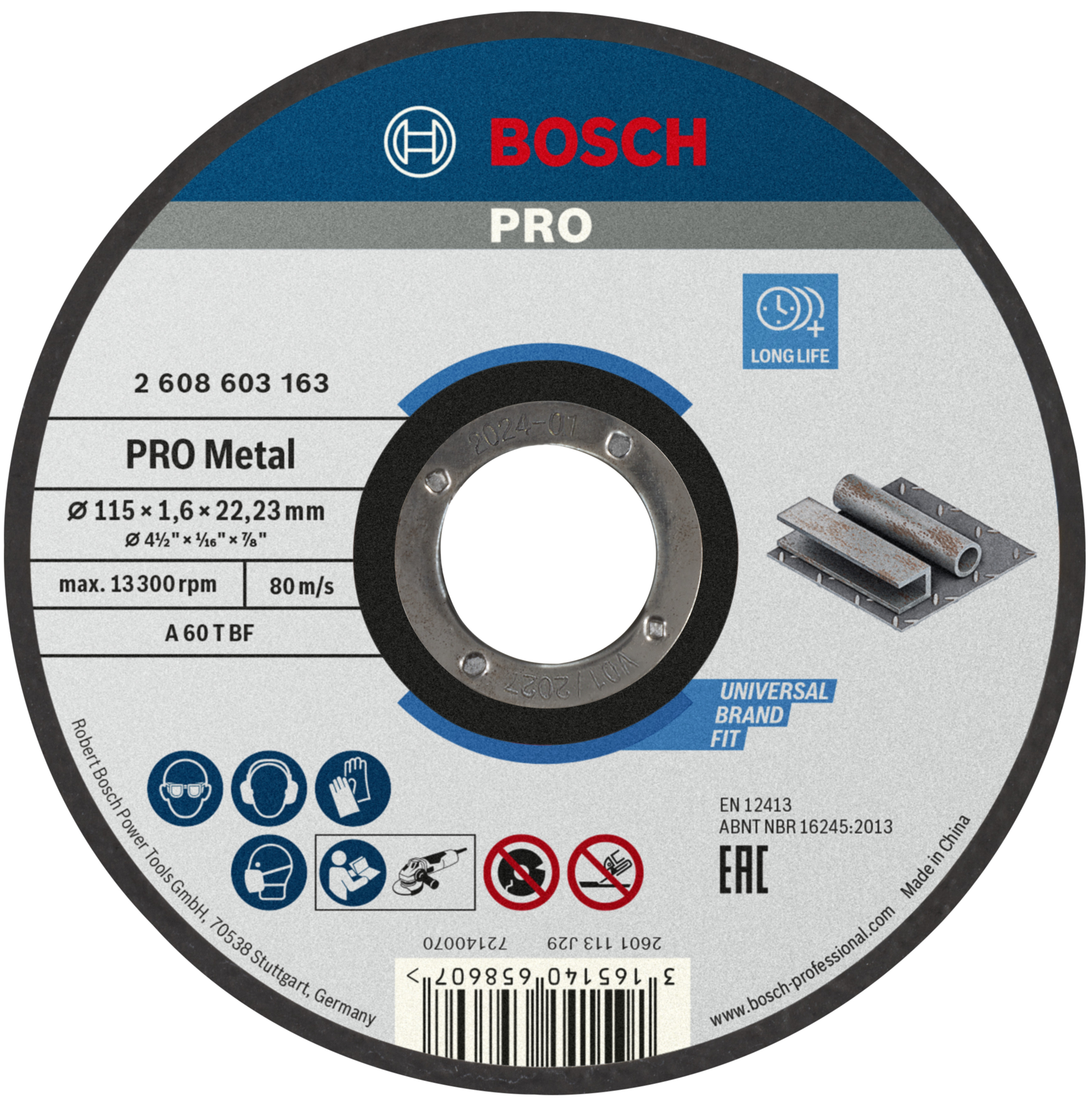 Bosch Accessoires Doorslijpschijf recht Standard for Metal A 60 T BF, 115 mm, 22,23 mm, 1,6 mm 1 stuks - 2608603163
