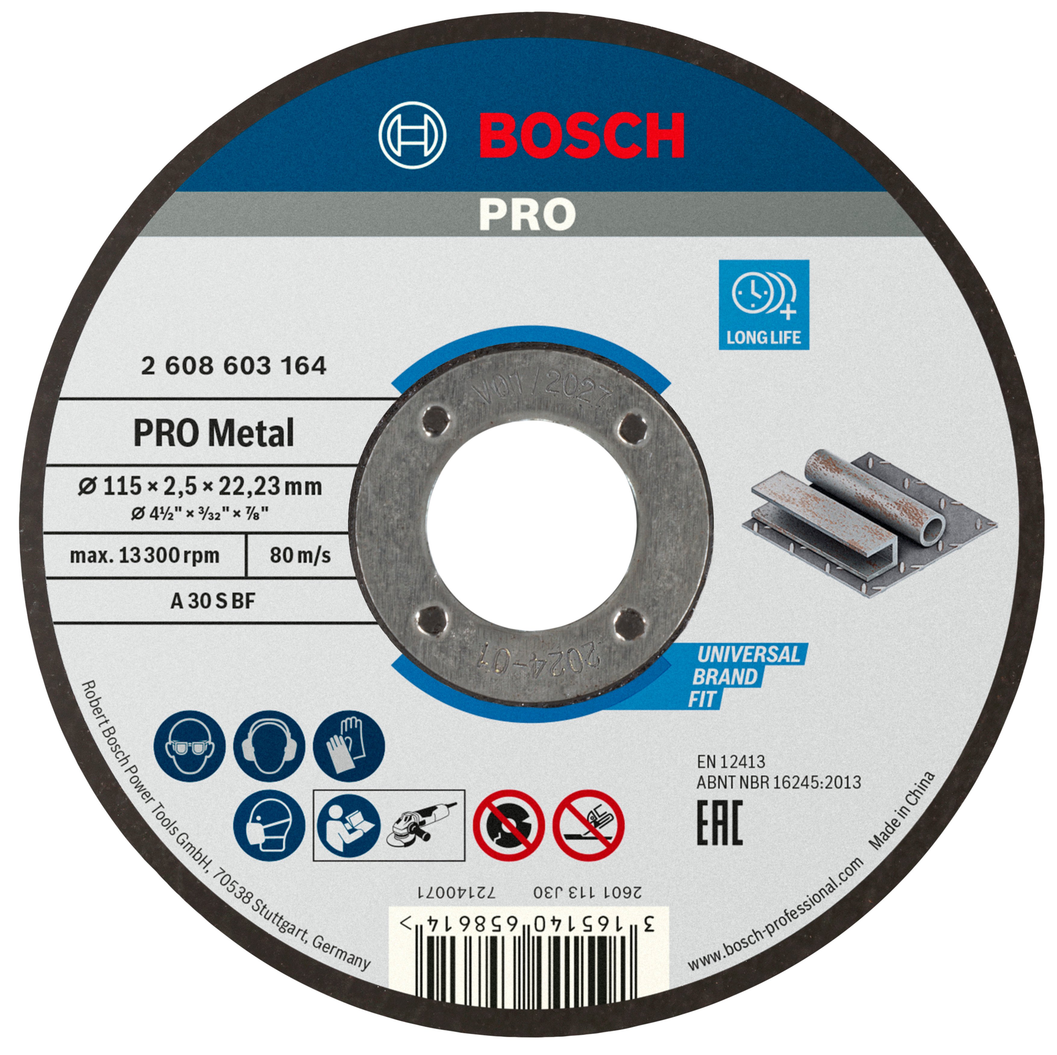 Bosch Accessoires Doorslijpschijf recht Standard for Metal A 30 S BF, 115 mm, 22,23 mm, 2,5 mm 1 stuks - 2608603164