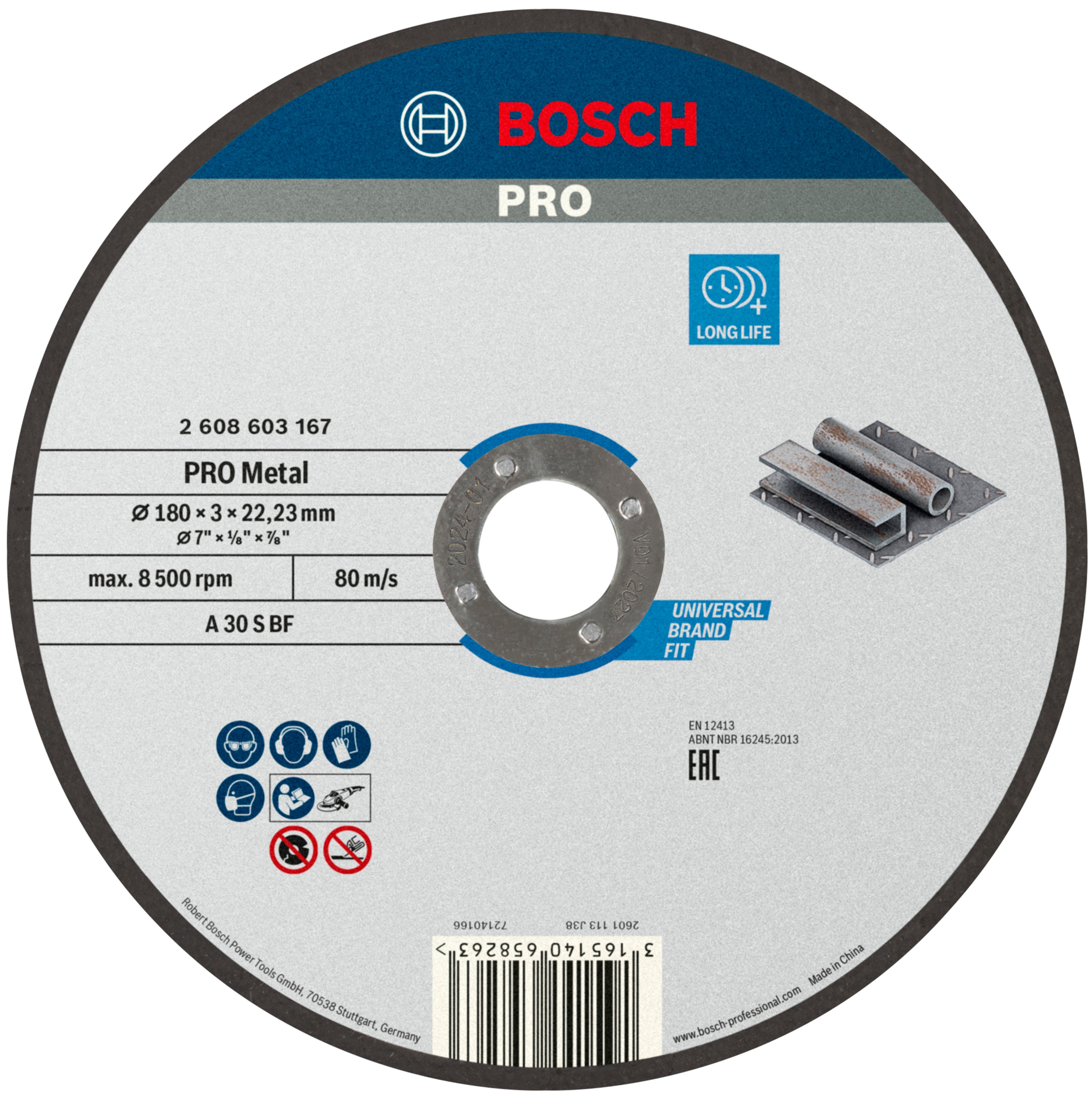 Bosch Accessoires Doorslijpschijf recht Standard for Metal A 30 S BF, 180 mm, 22,23 mm, 3,0 mm 1 stuks - 2608603167