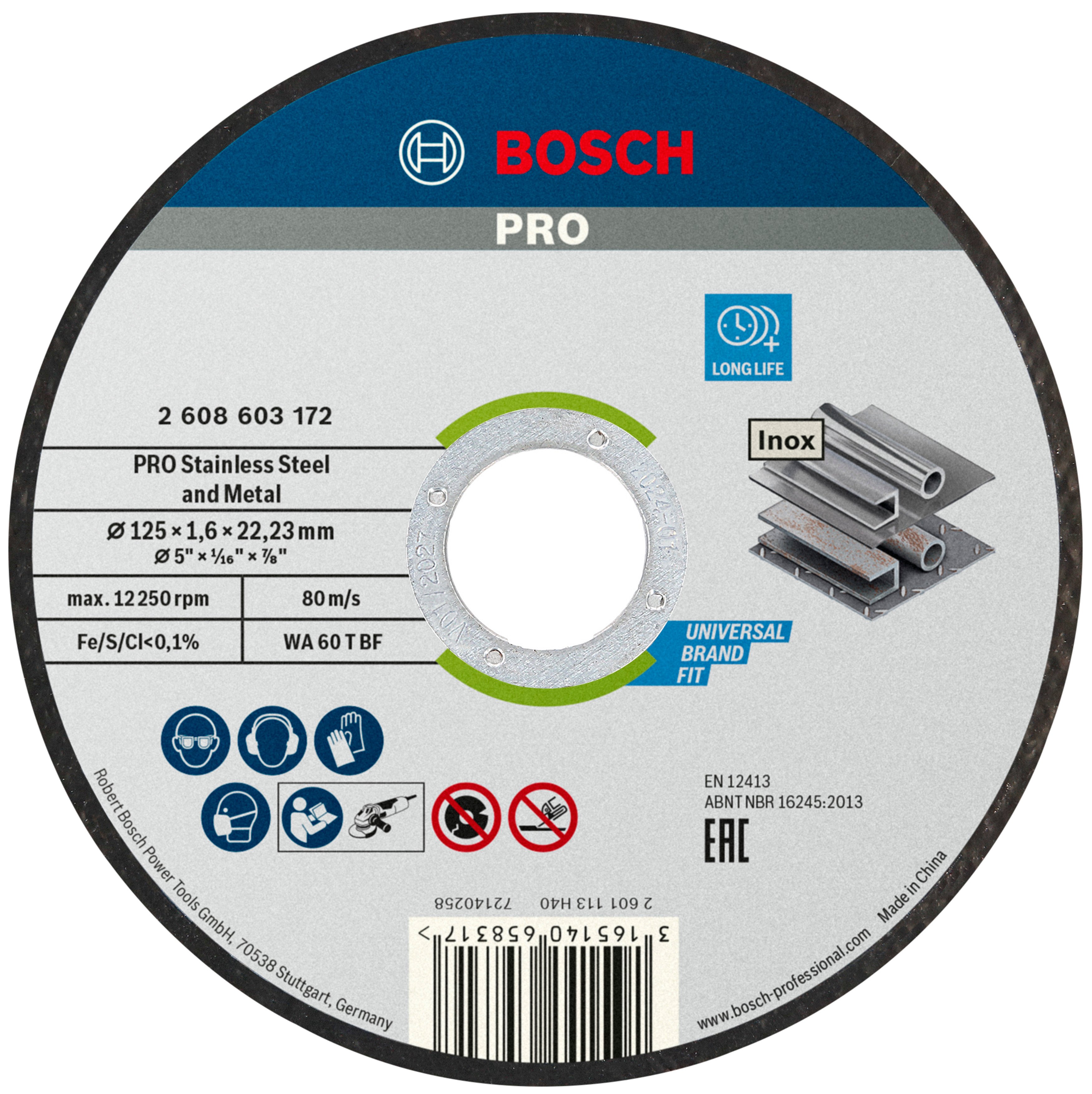 Bosch Accessoires Doorslijpschijf recht Standard for Inox WA 60 T BF, 125 mm, 22,23 mm, 1,6 mm 1 stuks - 2608603172