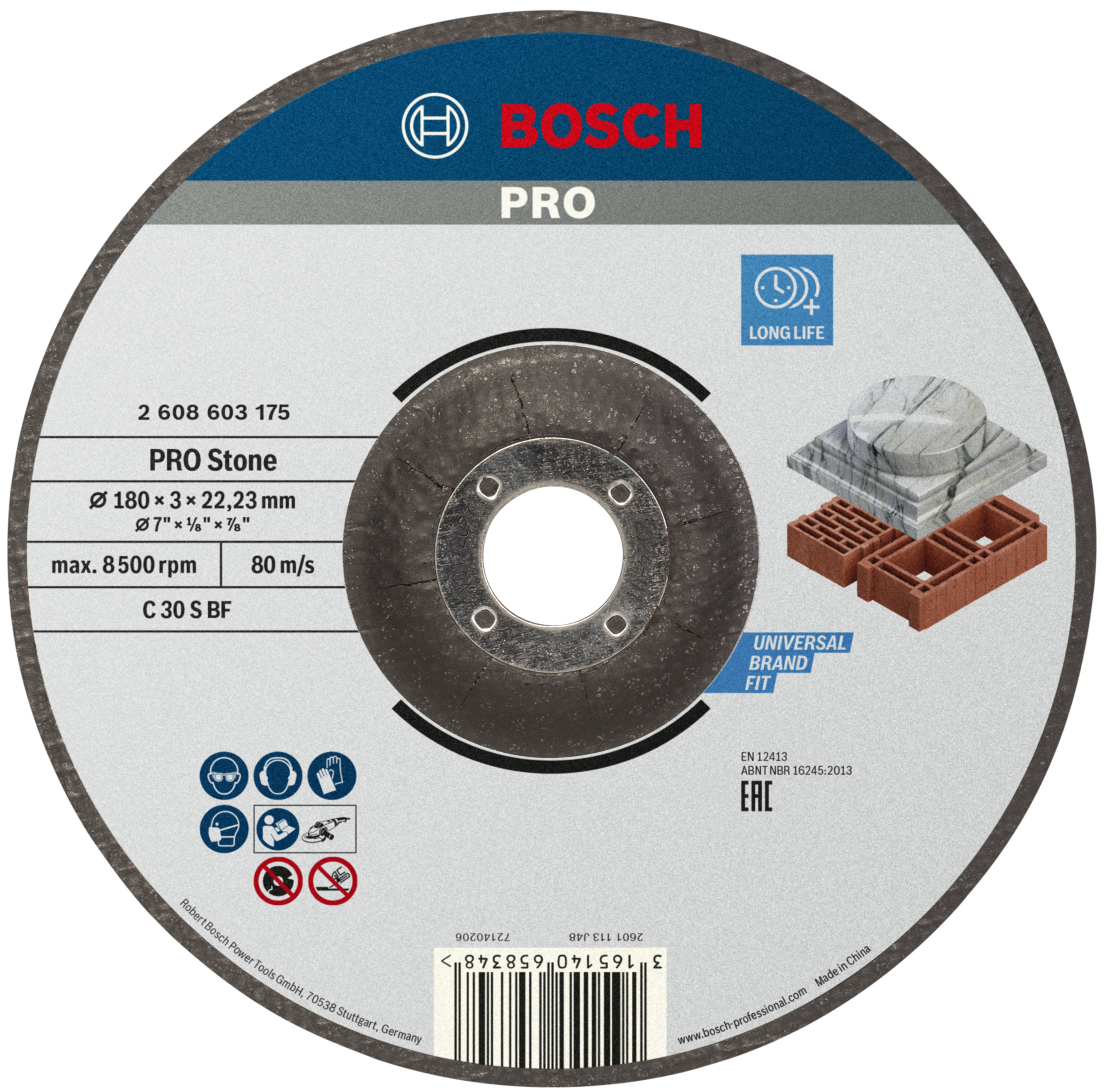 Bosch Accessoires Doorslijpschijf gebogen Standard for Stone C 30 S BF, 180 mm, 22,23 mm, 3,0 mm 1 stuks - 2608603175