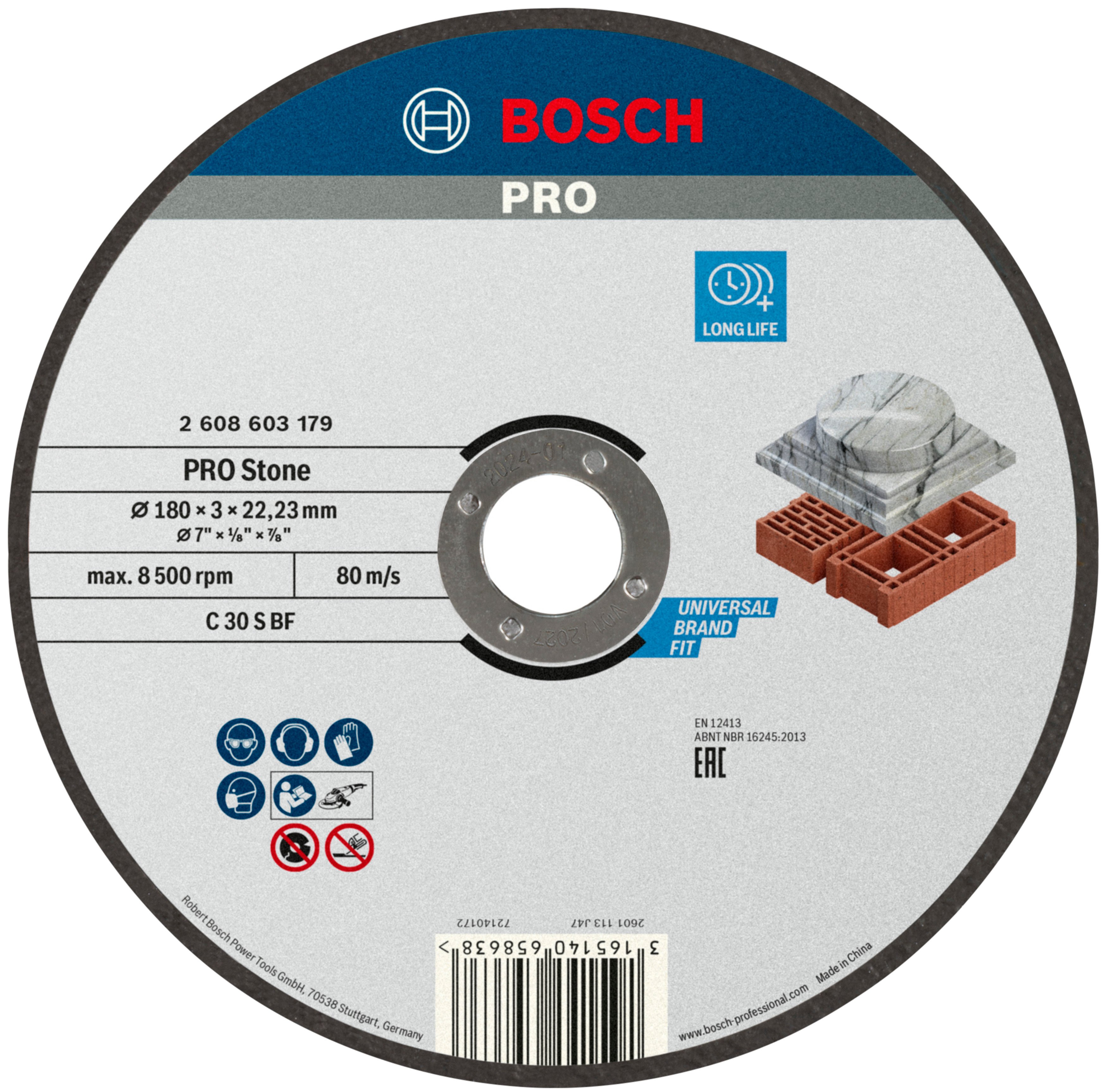 Bosch Accessoires Doorslijpschijf recht Standard for Stone C 30 S BF, 180 mm, 22,23 mm, 3,0 mm 1 stuks - 2608603179