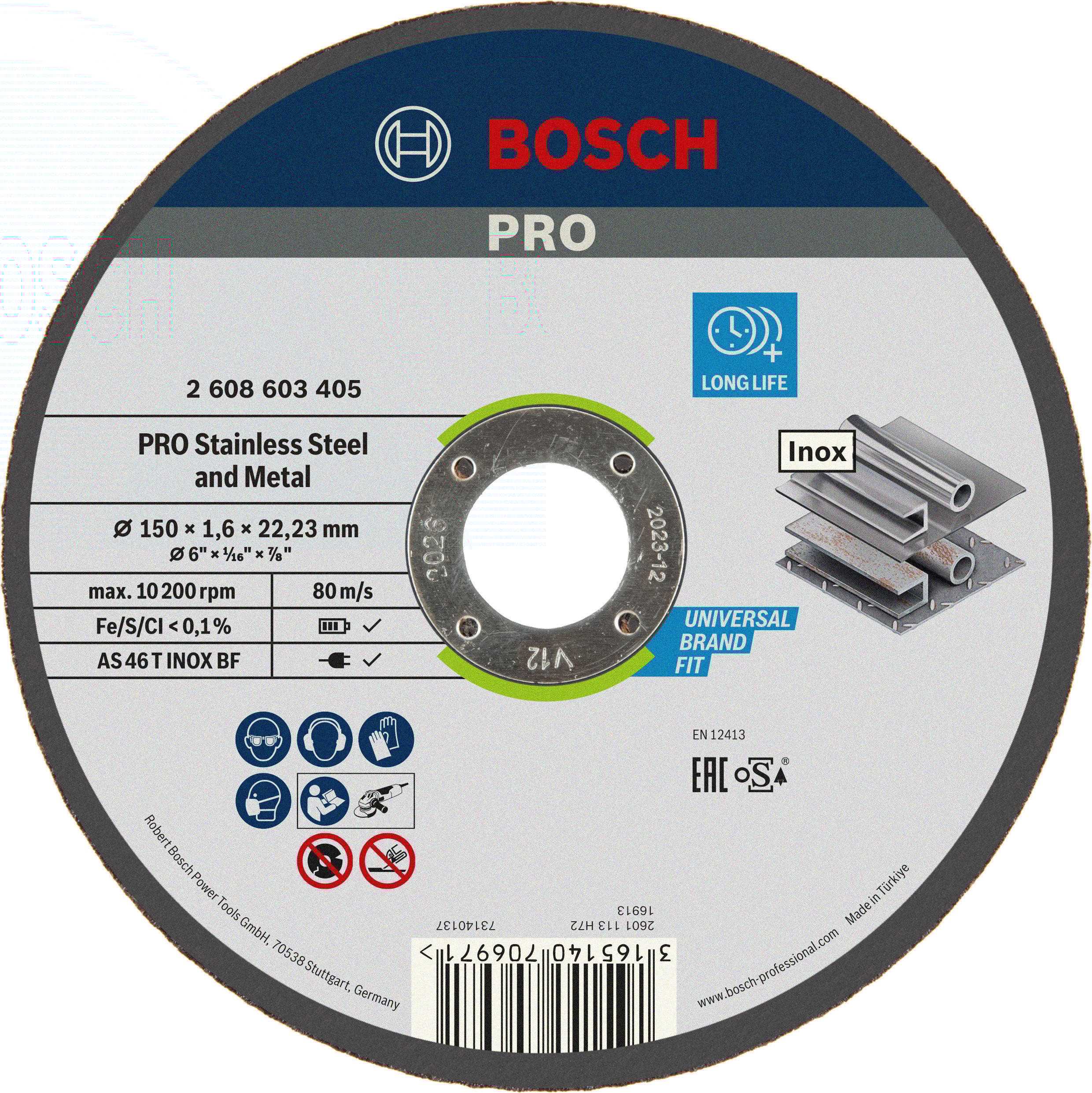 Bosch Accessoires Doorslijpschijf recht Expert for Inox AS 46 T INOX BF, 150 mm, 22,23 mm, 1,6 mm - 1 stuks - 2608603405