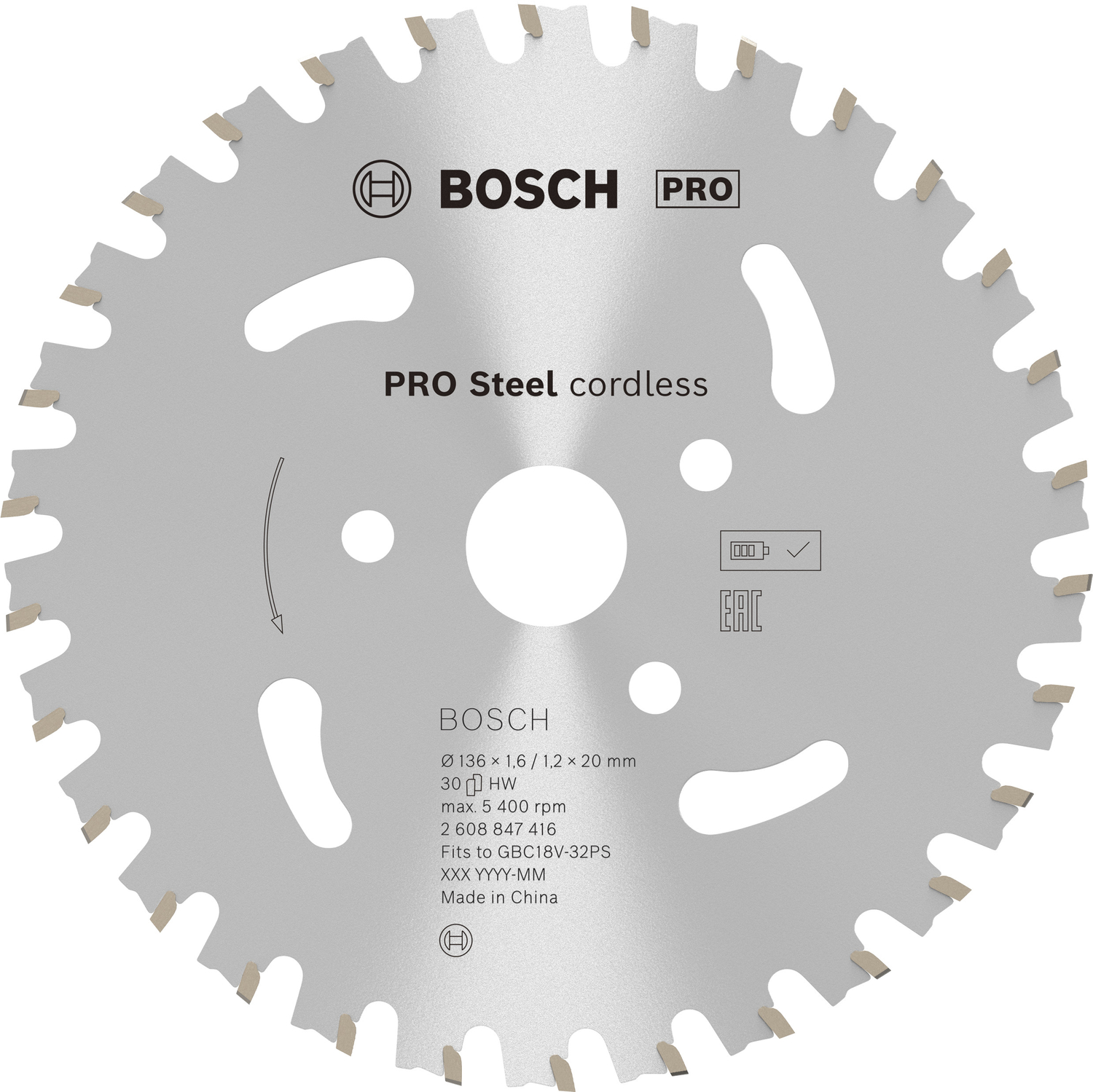 Bosch accessoires PRO Steel cordless Cirkelzaagblad | GBC 18V-32PS, 136 x 20 x 1,6/1,2mm 30T - 2608847416