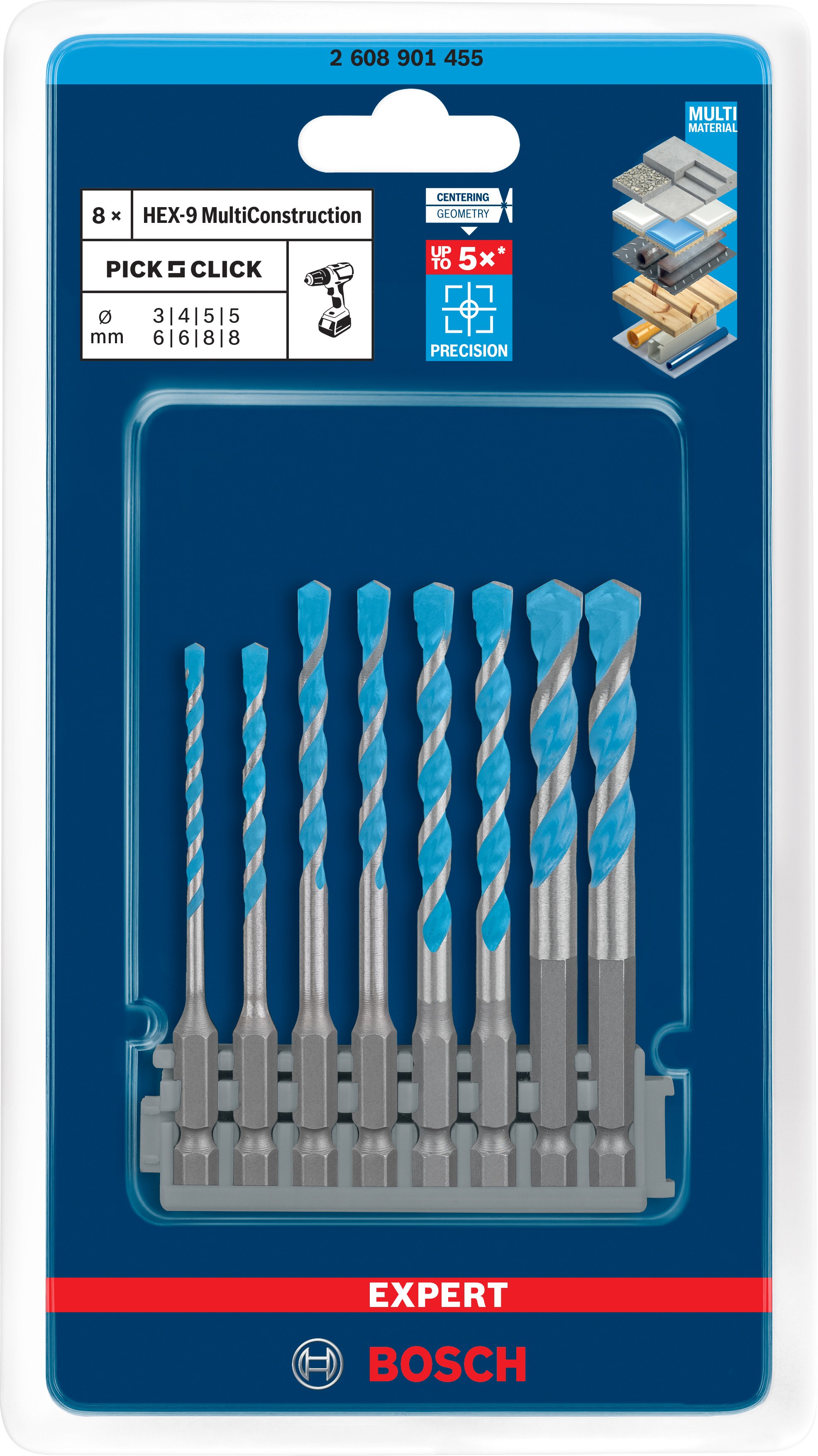 Bosch Accessoires EXPERT HEX-9 Multi Construction Pick & Click set 3 - 8 mm - 2608901455