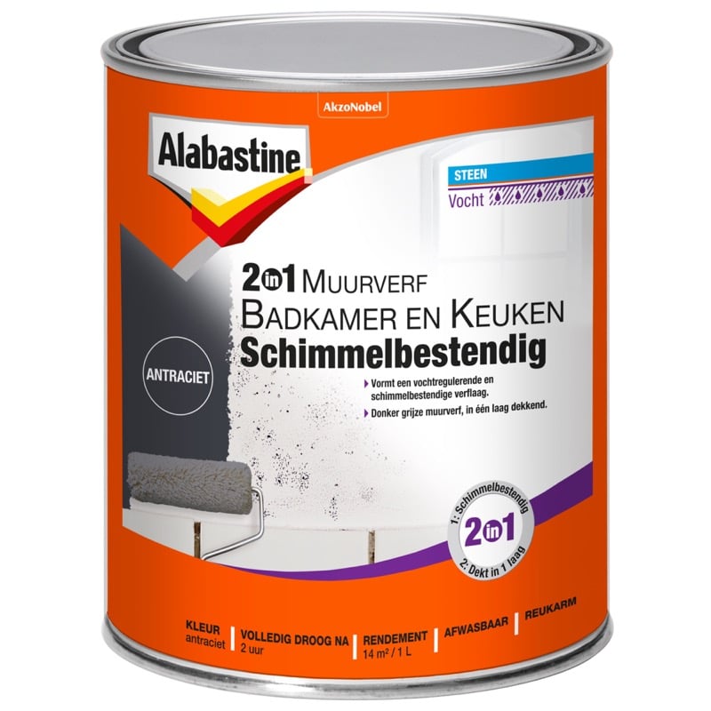 Alabastine 2In1 Muurverf B&K Antraciet 1L - 5256778 - 5256778