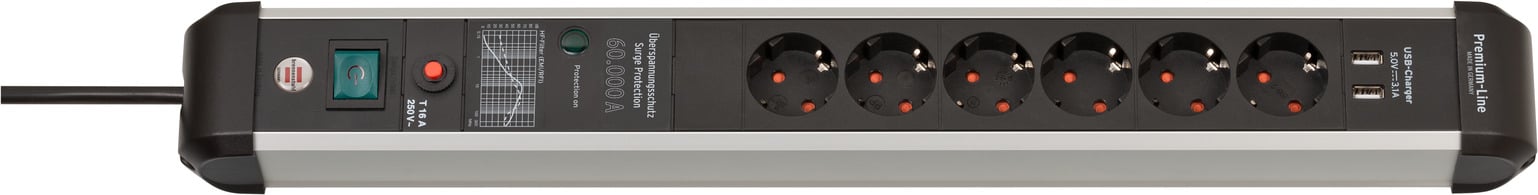 Brennenstuhl Premium-Protect-Line | 6 voudig | USB 3.1A | 3m | 60kA | ÜSS/Filter | 16A 1391010610