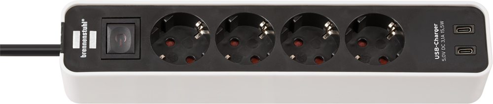 Brennenstuhl Ecolor stekkerdoos met 2 USB C-laadcontactdozen | 4-voudig | Wit Zwart | 1 5m H05VV-F 3G1 5 1153240126