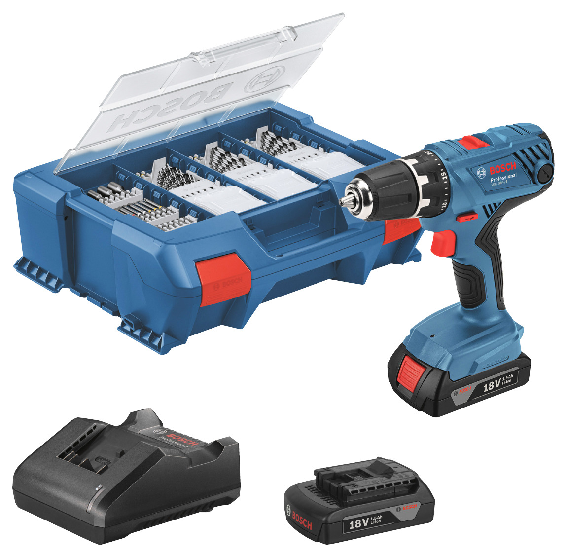 Bosch Blauw Bosch professional GSR 18V-21 accuschroefmachine 2x 1 5Ah accu | 63 Accessoires in special AC Case 06019H5104